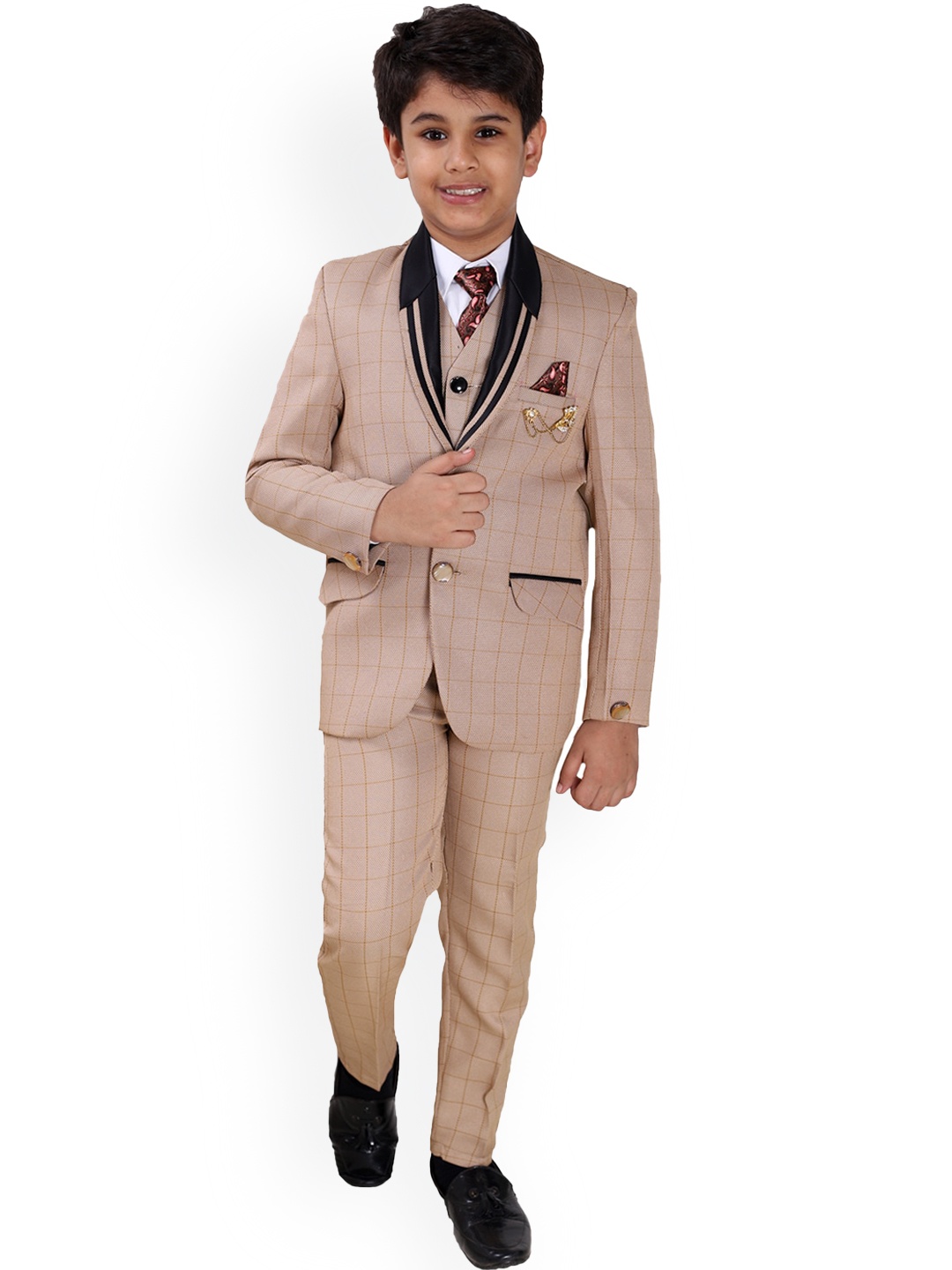 

BAESD Boys Checked Single-Breasted 5-Piece Suits, Cream