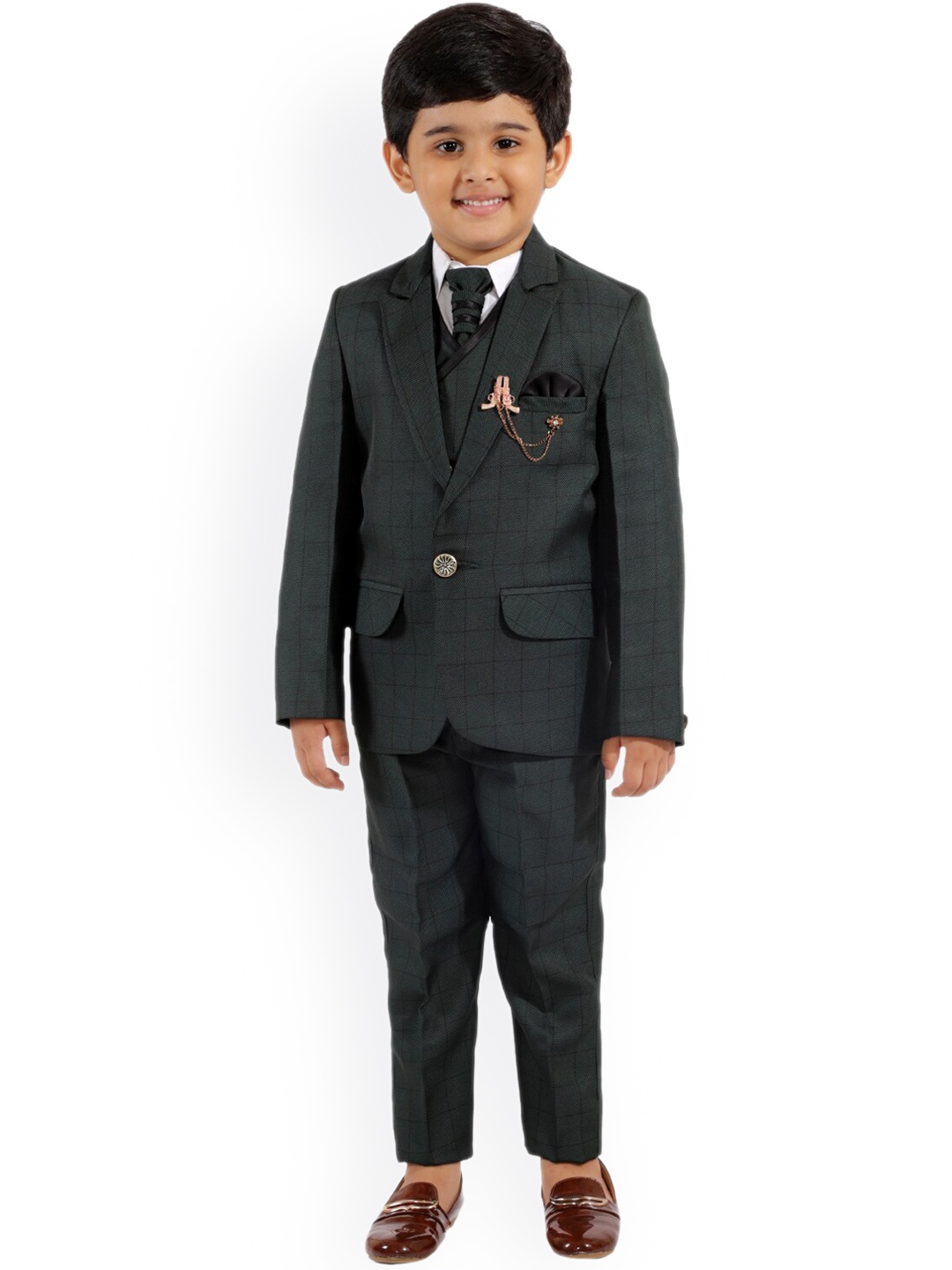 

BAESD Boys Checked Single-Breasted 5-Piece Suits, Green