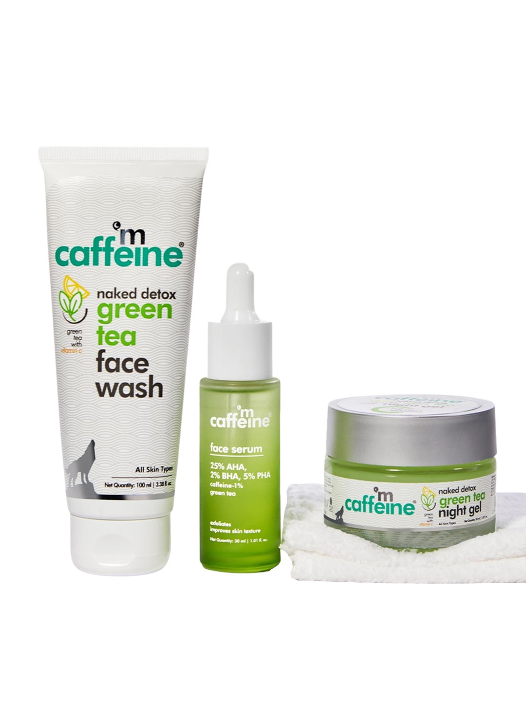 

MCaffeine Green Tea Face Wash 100ml + 25% AHA Face Serum 30ml + Green Tea Night Gel 50ml, White