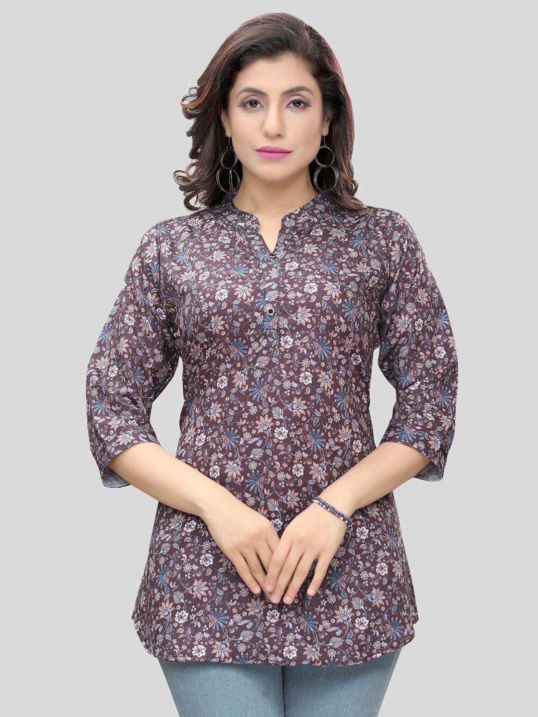 

Saree Swarg Floral Printed Mandarin Collar Straight Kurti, Coffee brown