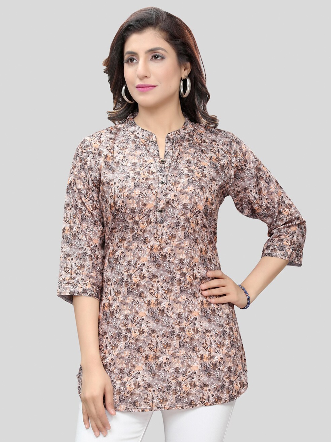 

Saree Swarg Floral Printed Mandarin Collar Straight Kurti, Brown