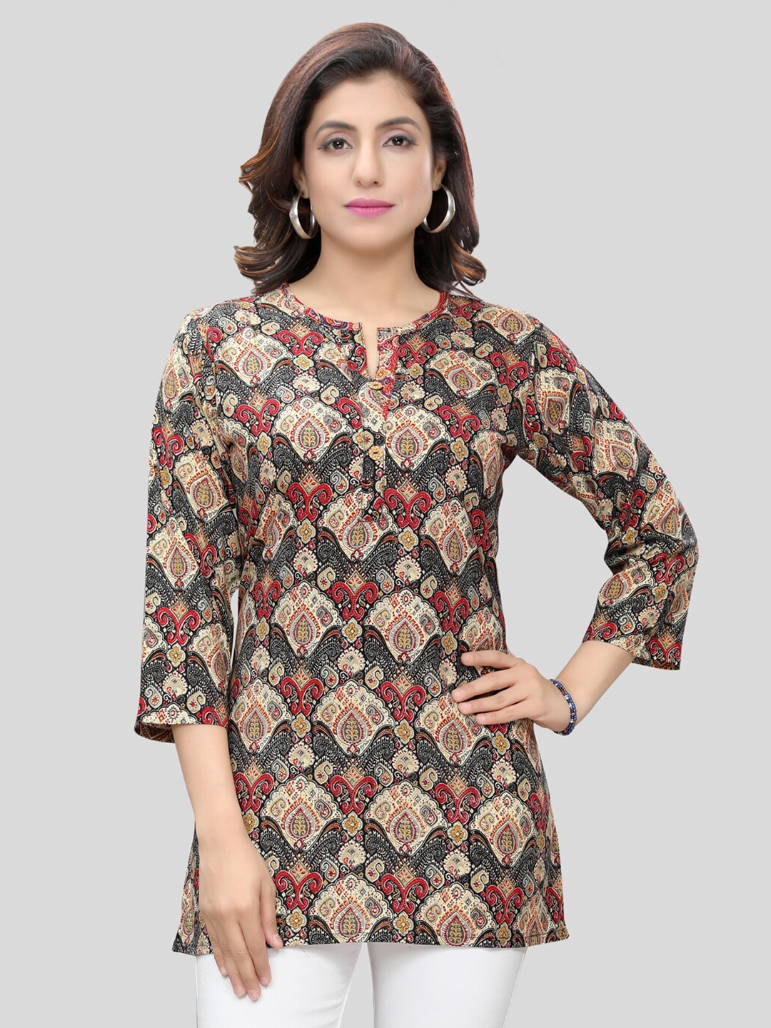 

Saree Swarg Ethnic Motifs Printed Straight Kurti, Beige