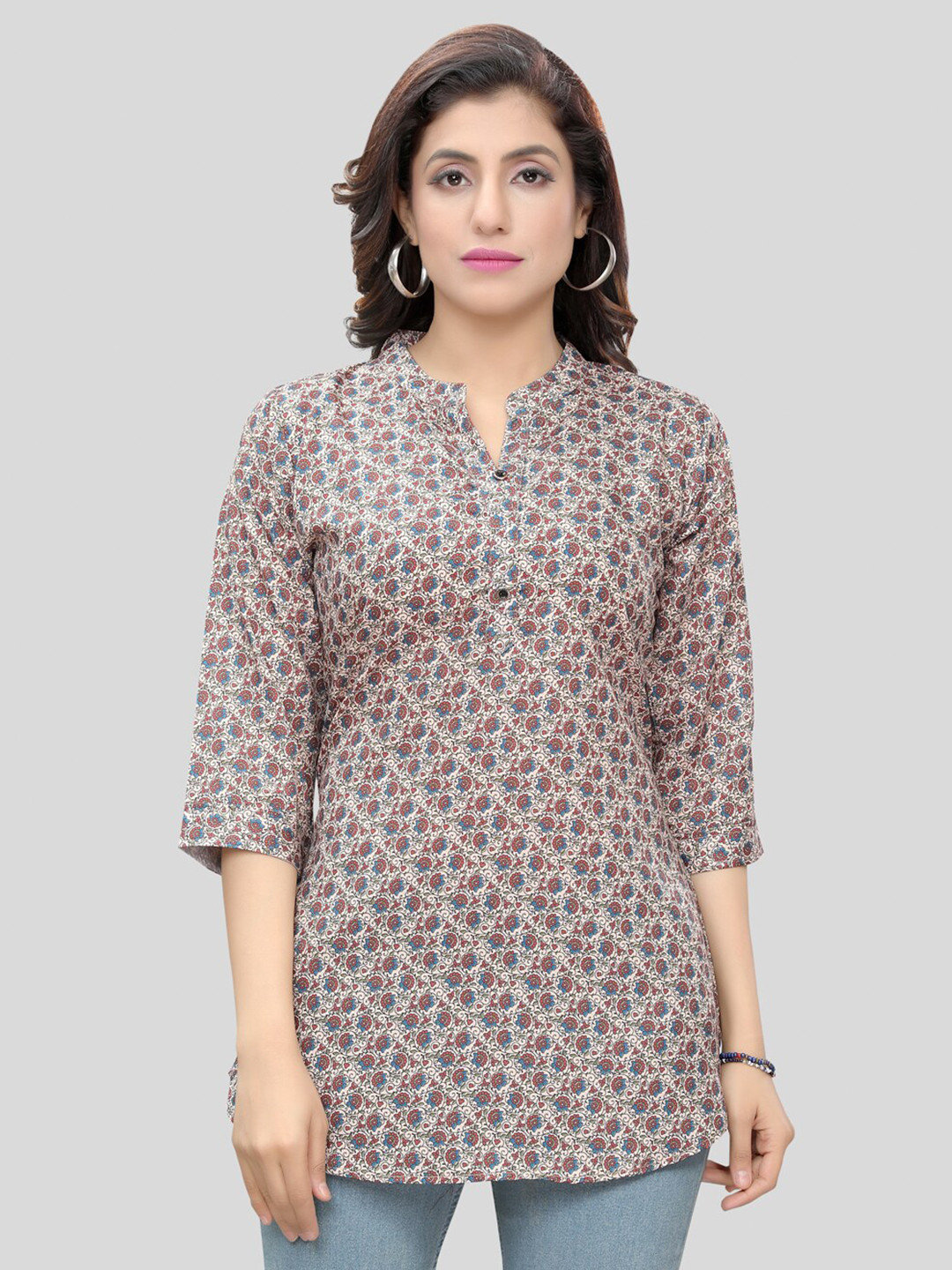 

Saree Swarg Floral Printed Mandarin Collar Straight Kurti, Beige