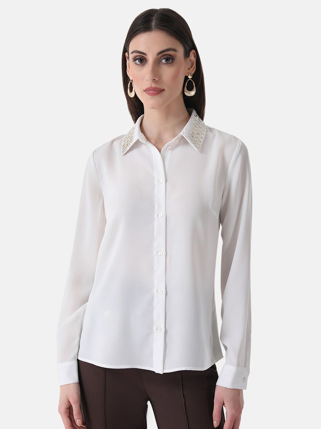 

Kazo Embellished Collar Classic Opaque Casual Shirt, White