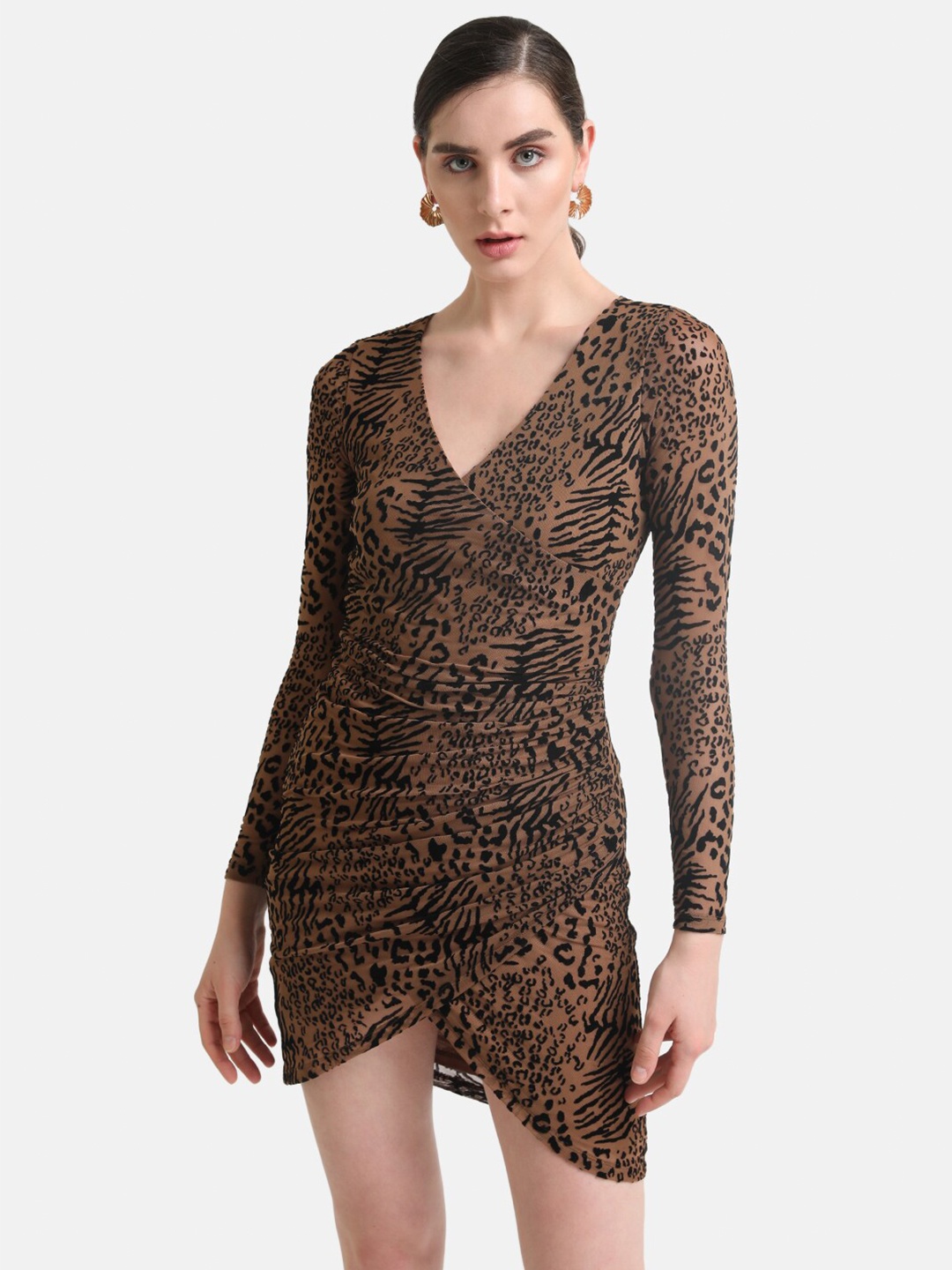 

Kazo Beige Animal Print Bell Sleeve Net Fit & Flare Dress