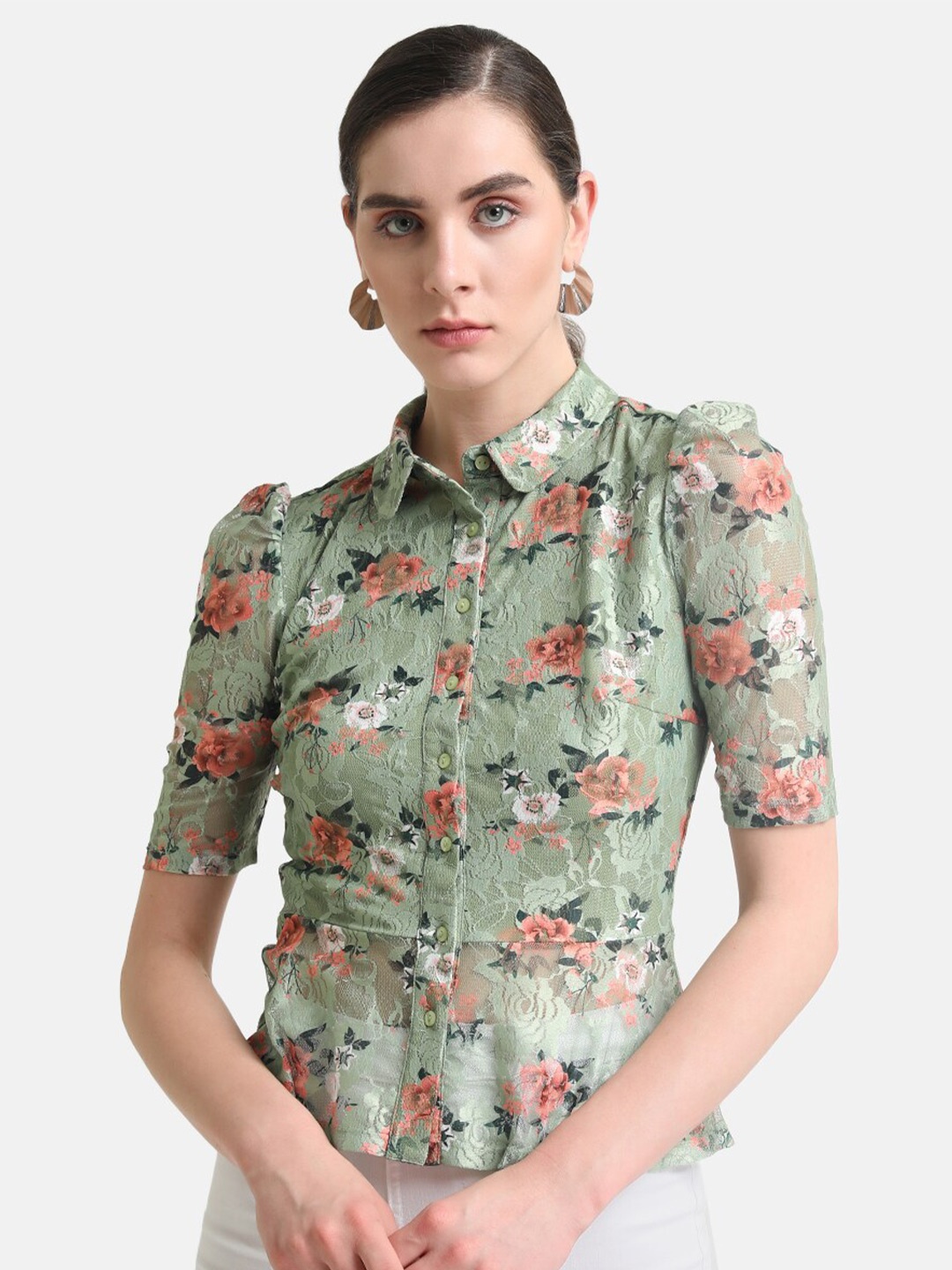 

Kazo Floral Printed Classic Opaque Lace Peplum Shirt, Green