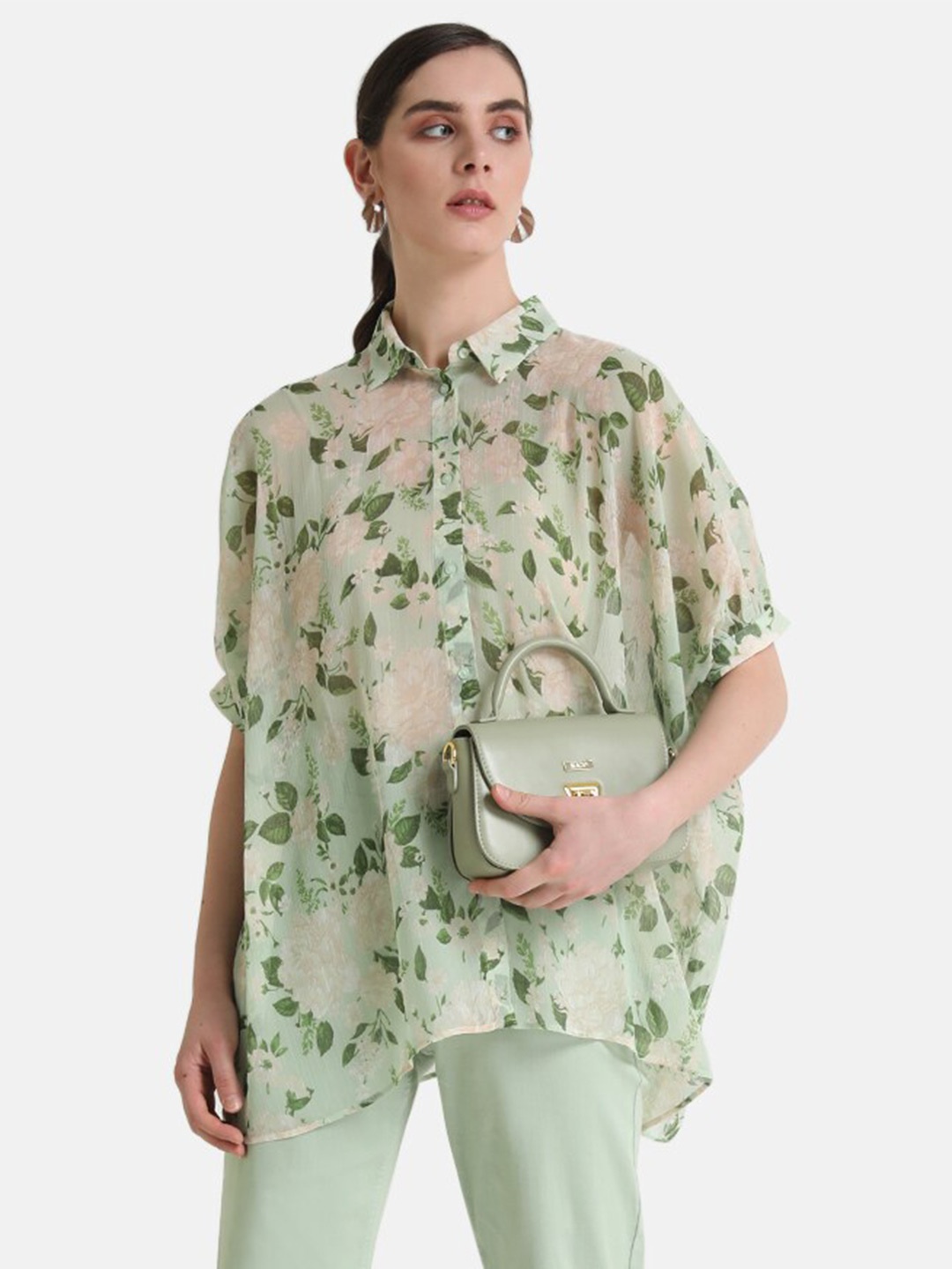 

Kazo Floral Printed Classic Boxy Opaque Casual Shirt, Green