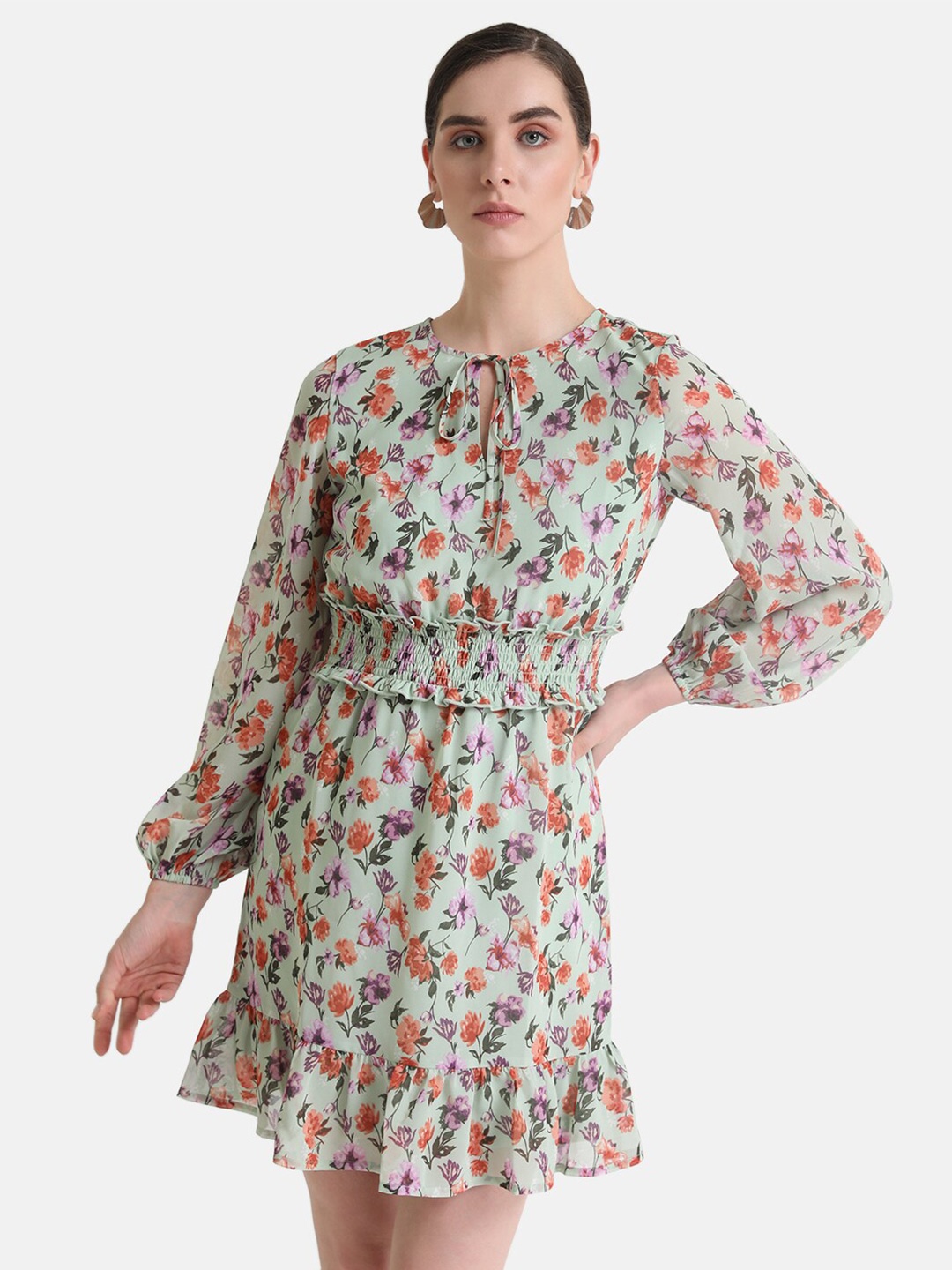 Kazo Floral Print Tie-Up Neck Georgette Smoked Fit & Flare Dress, Sea green