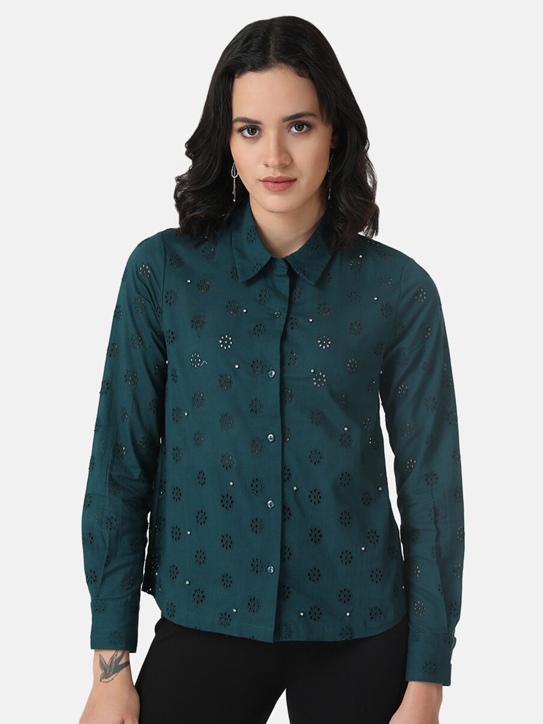 

Kazo Schiffli Embellished Classic Opaque Cotton Casual Shirt, Green