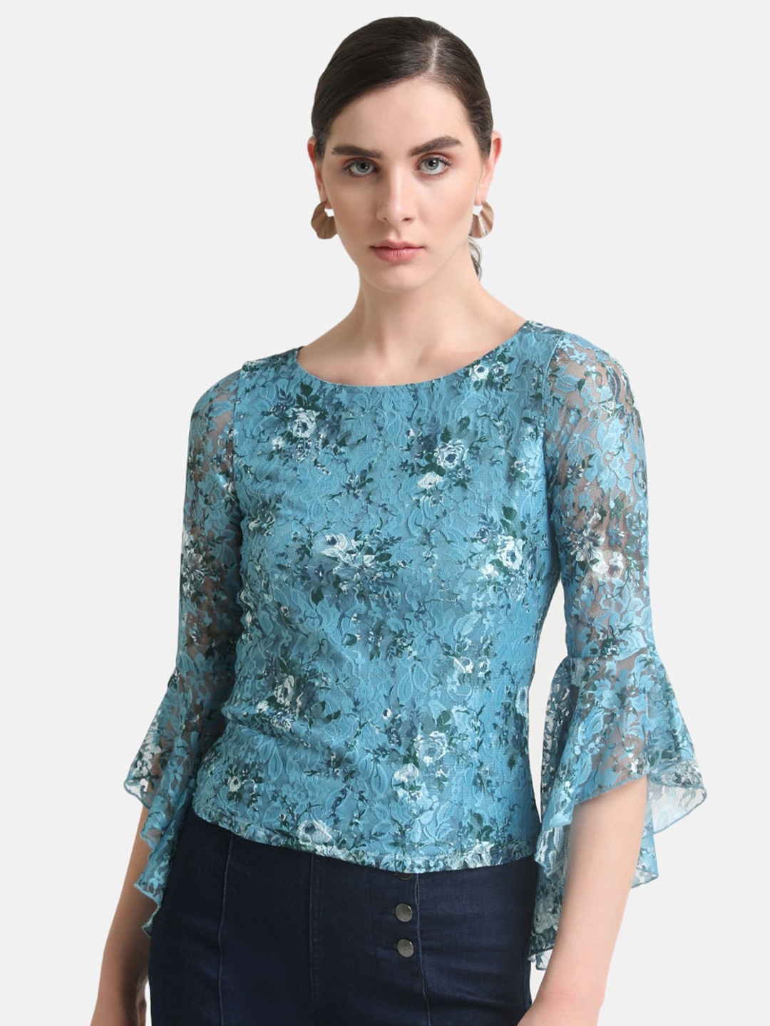 

Kazo Floral Printed Bell Sleeves Lace Top, Blue