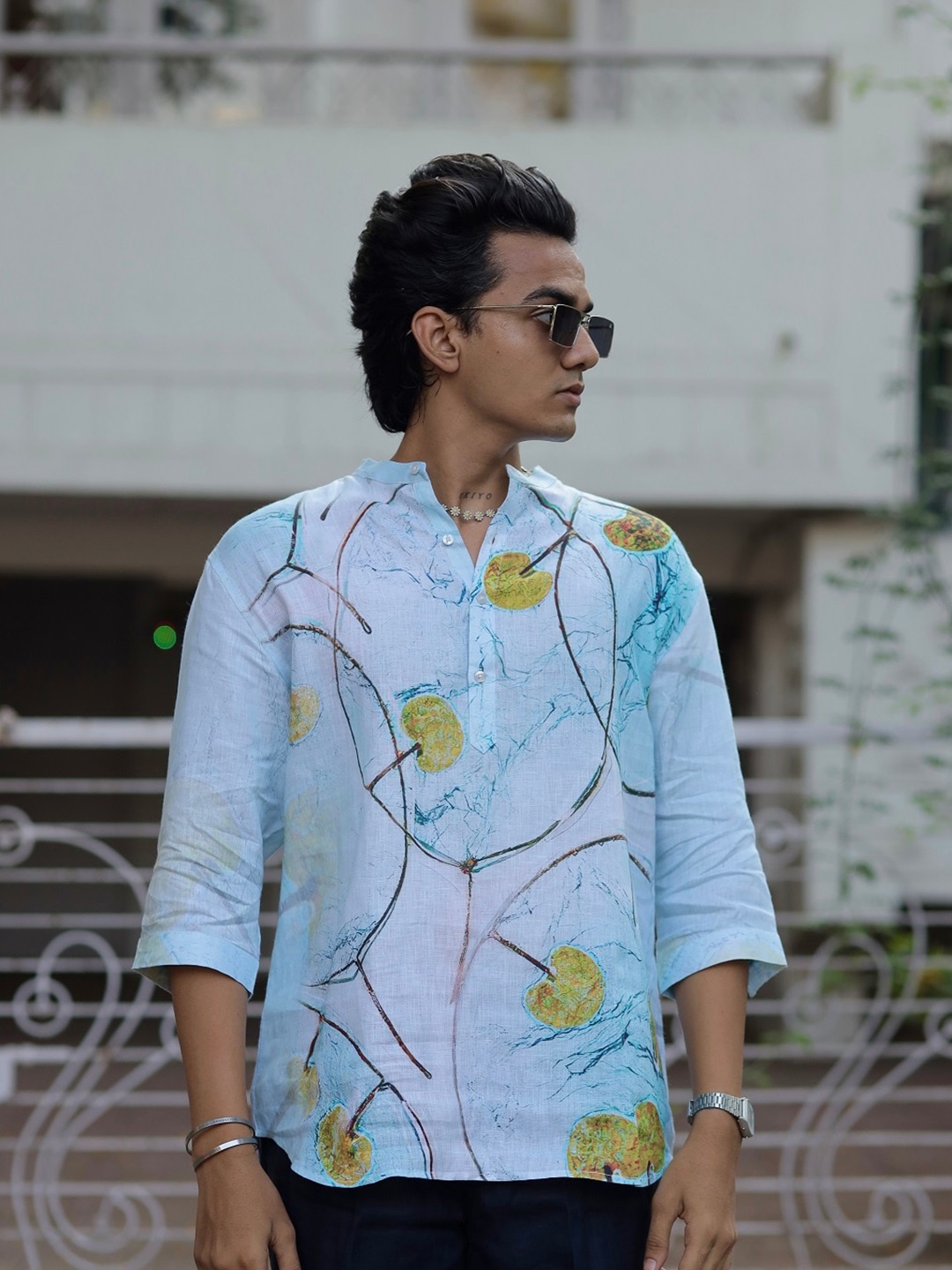

ADDY'S for men Comfort Conversational Printed Linen Casual Shirt, Turquoise blue