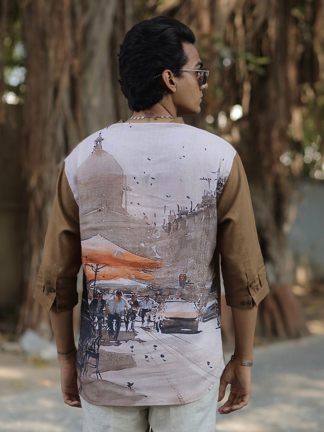 

ADDY'S for men Comfort Graphic Printed Linen Casual Shirt, Brown