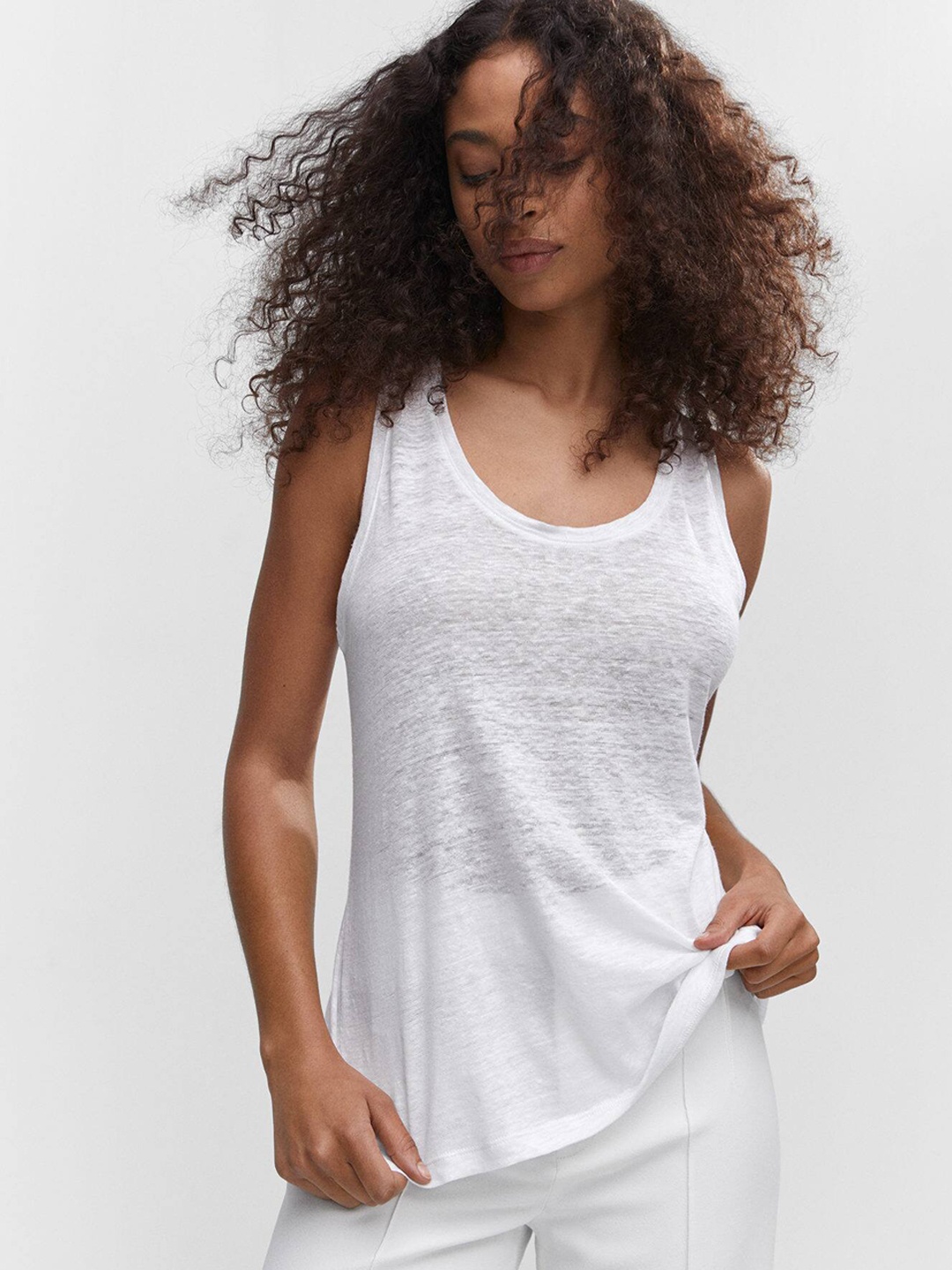 

MANGO Solid Melange Effect Linen Top, White