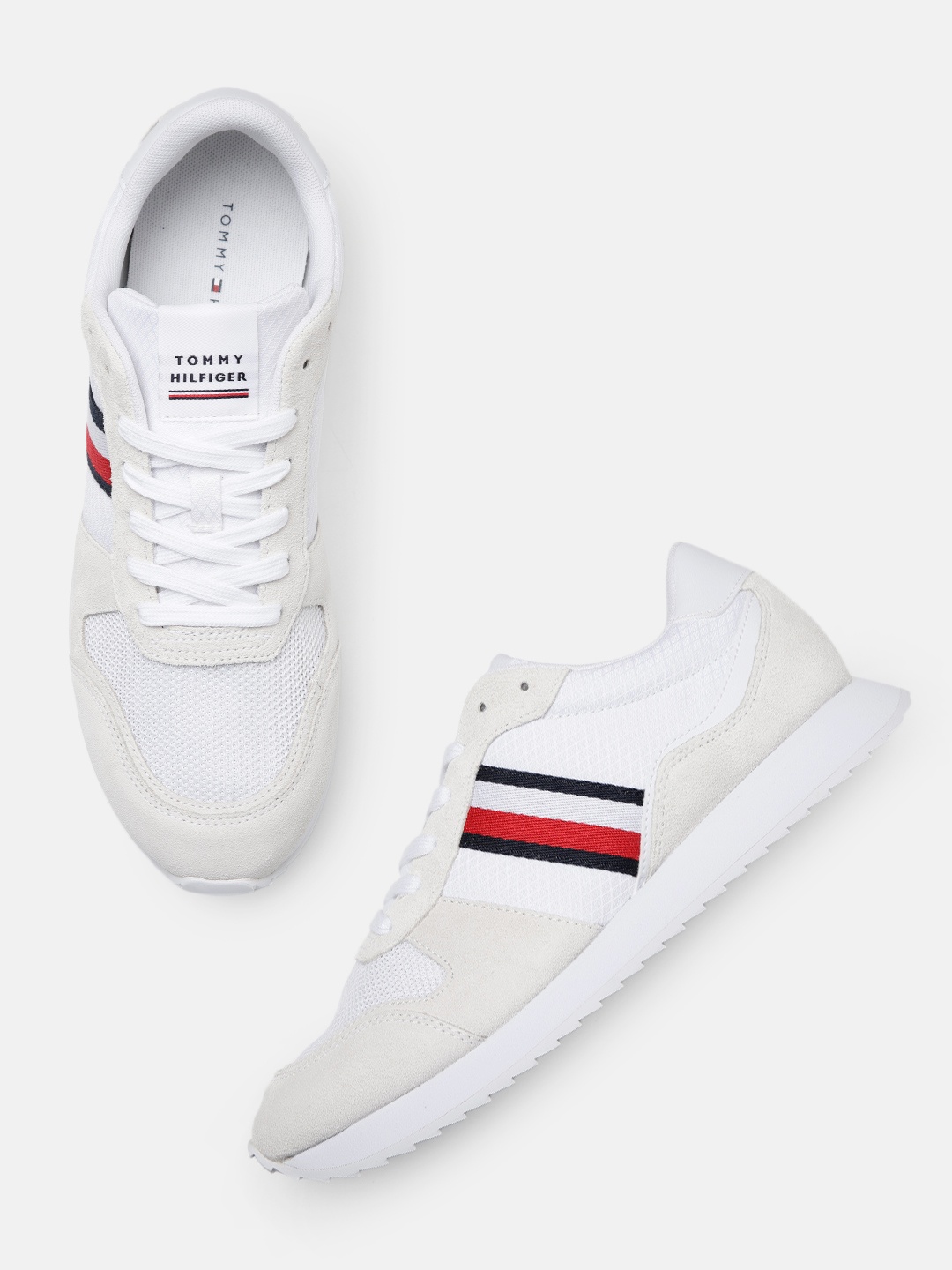 

Tommy Hilfiger Men Textured Regular Sneakers With Striped Applique Detail, White