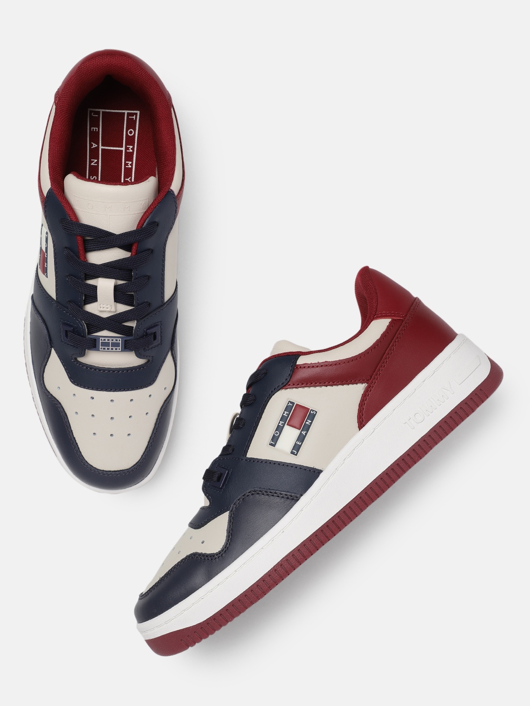 

Tommy Hilfiger Men Colourblocked & Perforations Leather Sneakers, Beige