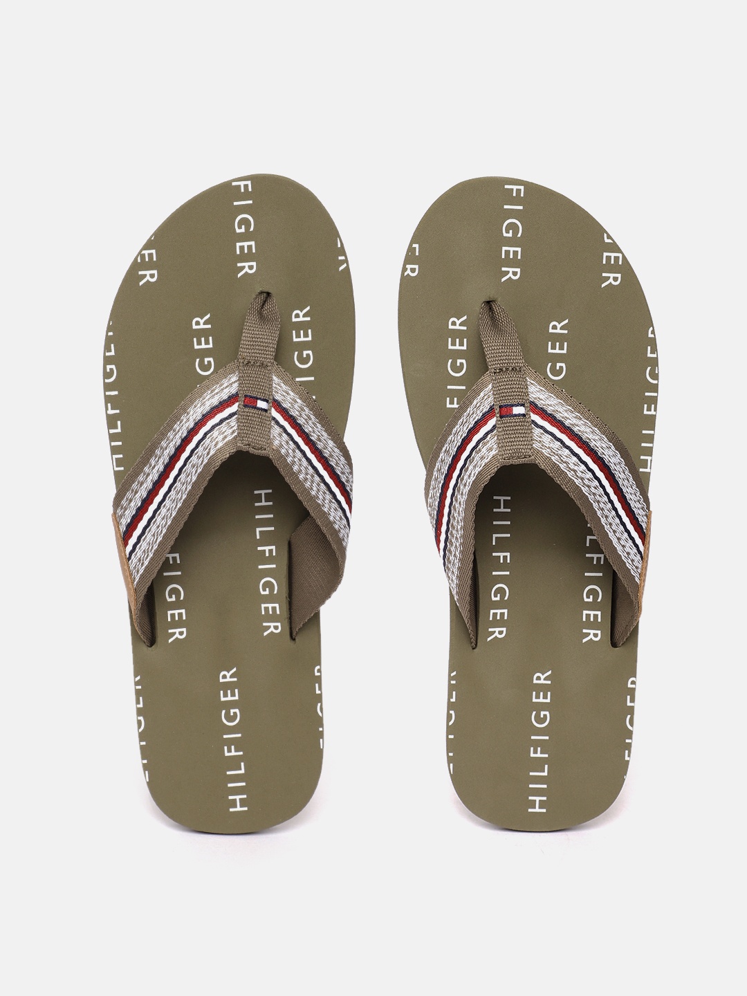 

Tommy Hilfiger Men Brand Logo Printed Thong Flip-Flops, Olive