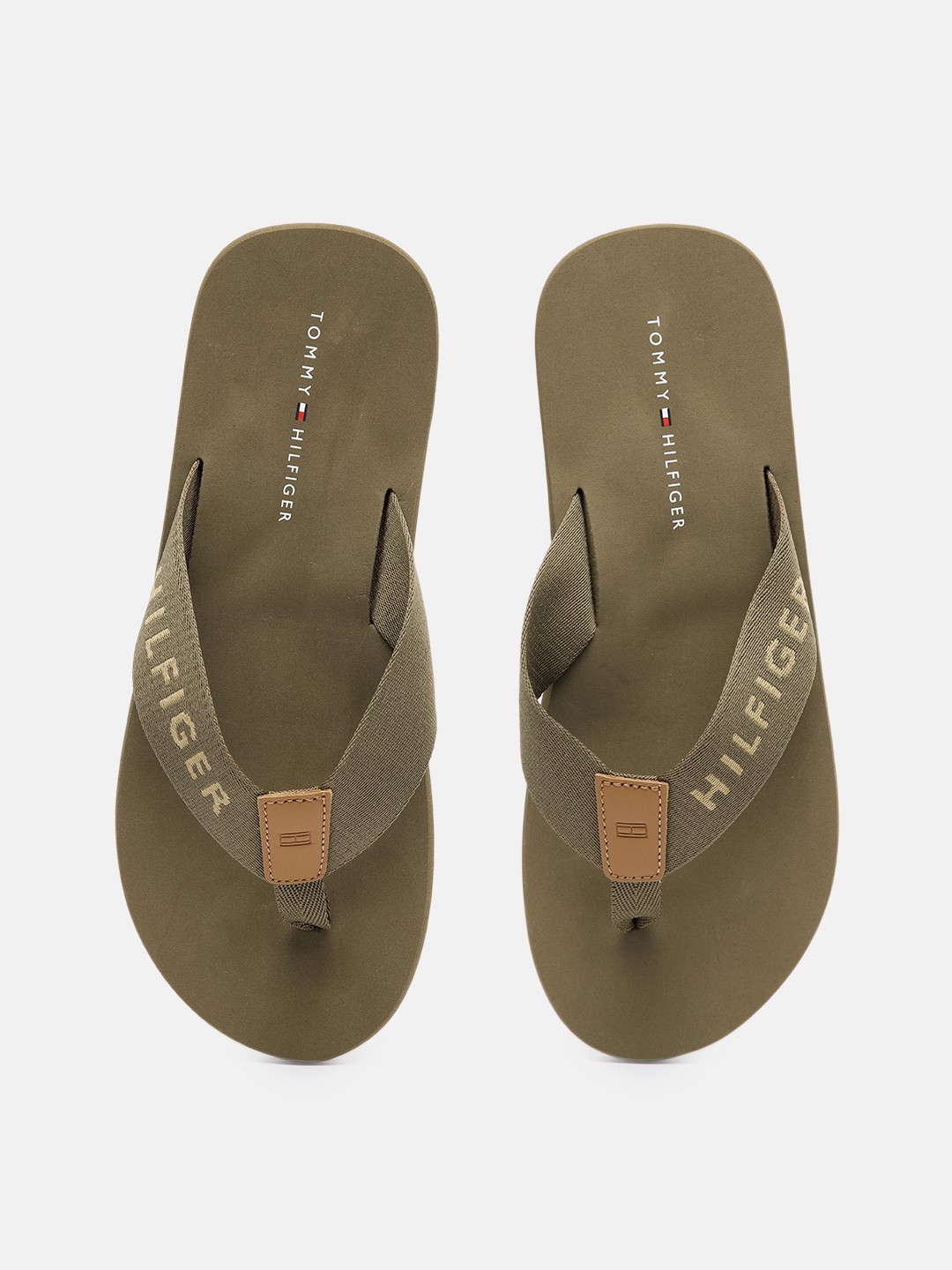

Tommy Hilfiger Men Brand Logo Printed Thong Flip-Flops, Olive