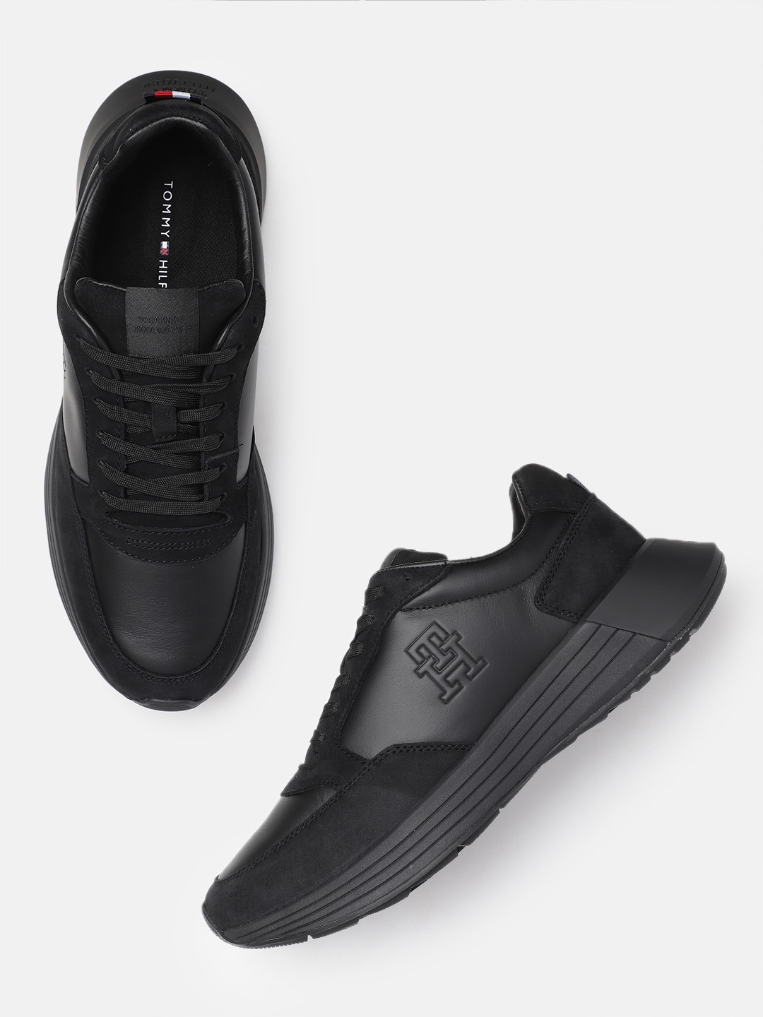 

Tommy Hilfiger Men Solid Leather Sneakers, Black