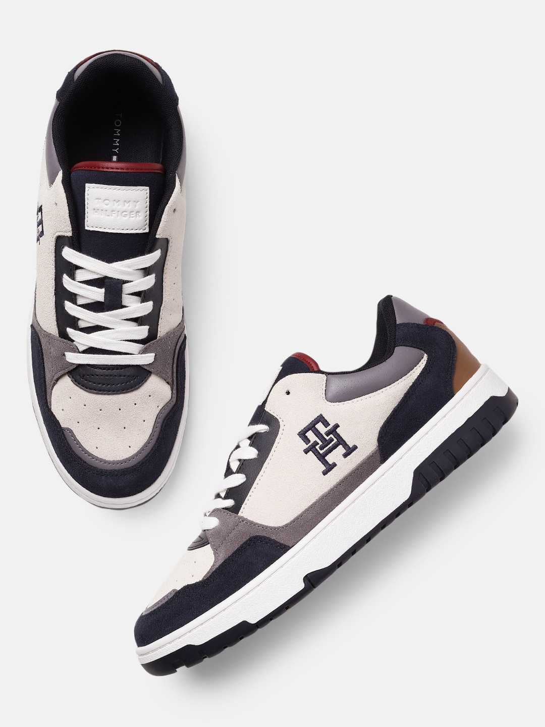 

Tommy Hilfiger Men Basket Better Suede Mix Colourblocked Sneakers, Beige