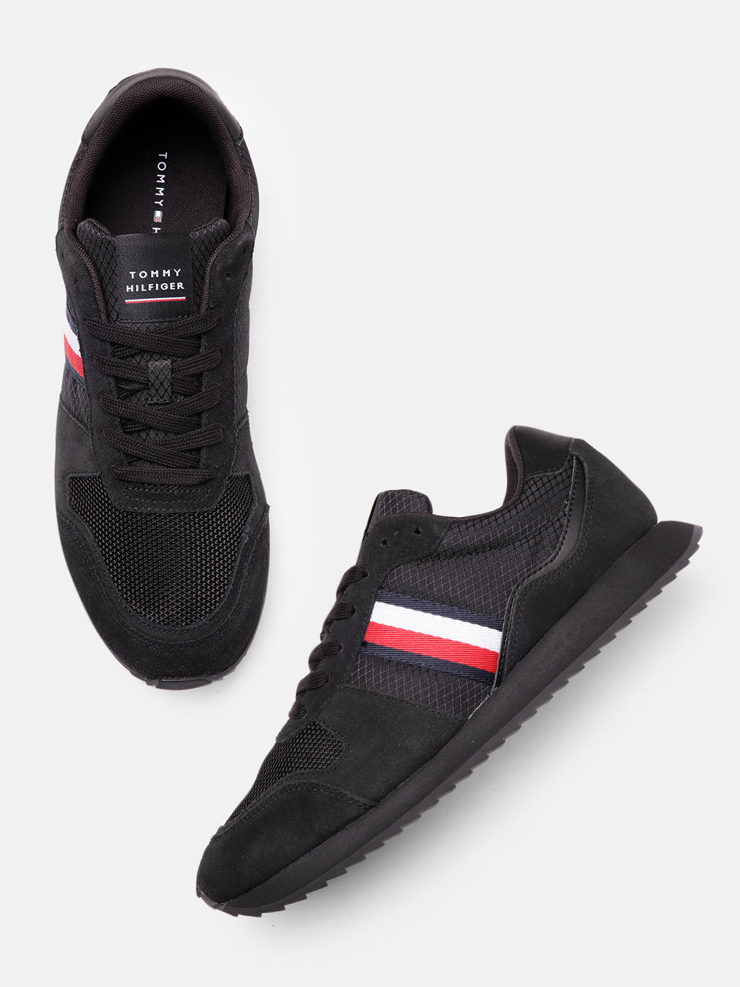 

Tommy Hilfiger Men Runner Evo Mix Woven Design Suede Sneakers, Black