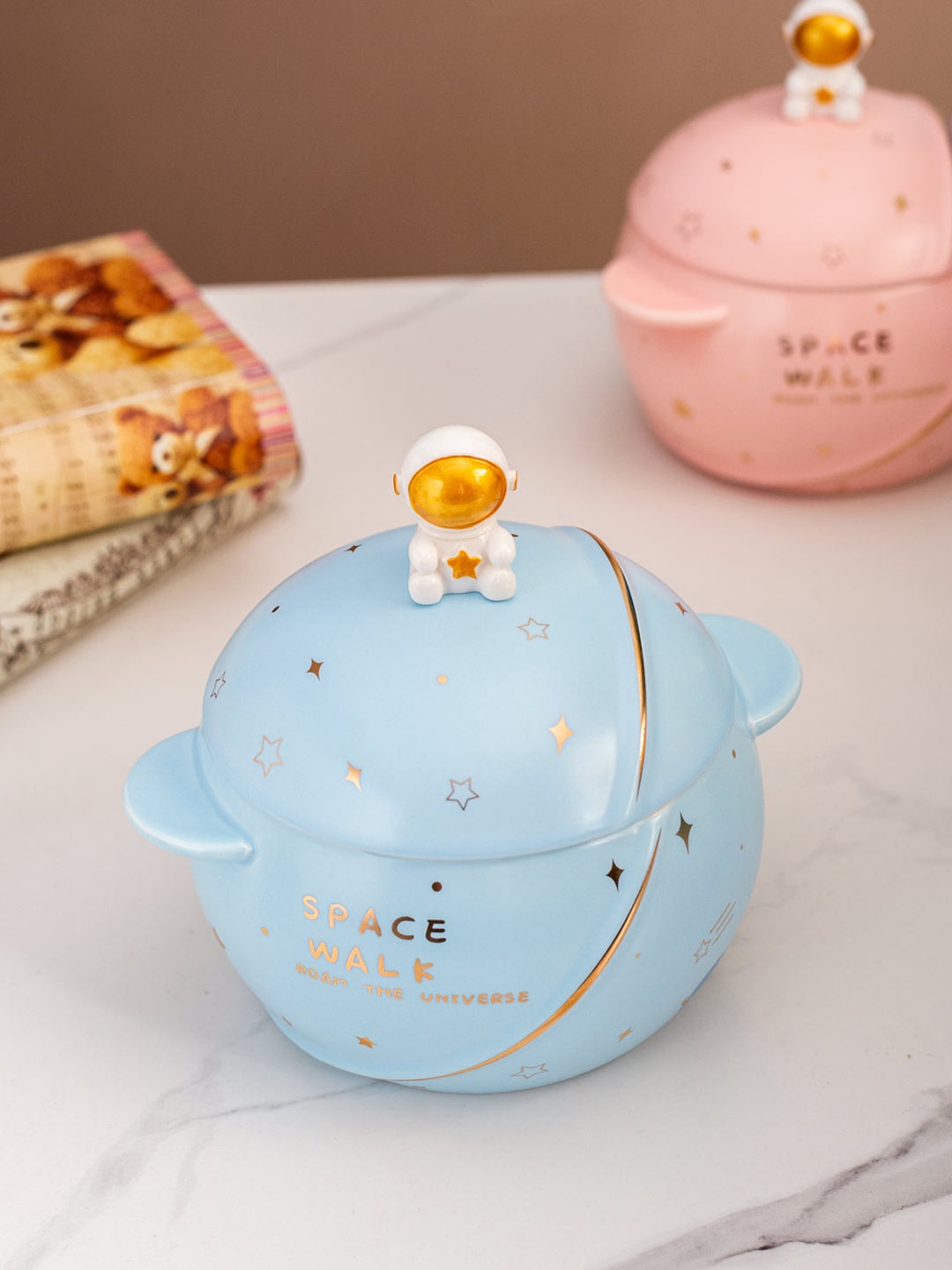 

THEDECORKART Space Walk Blue & Gold Toned Ceramic Serving Bowl with Lid
