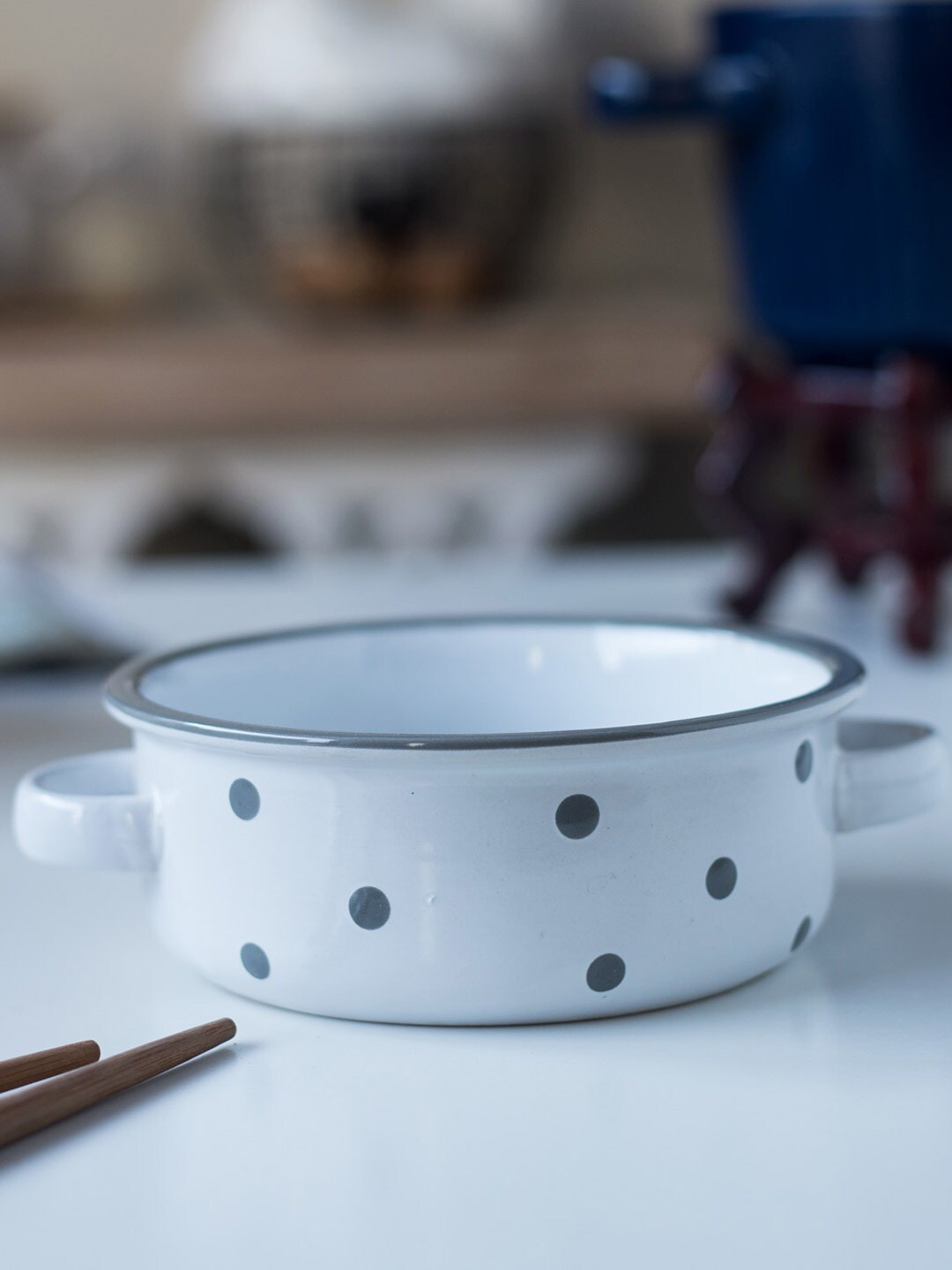 

THEDECORKART Polka Dot Blue Double-Handle Ceramic Soup Bowl