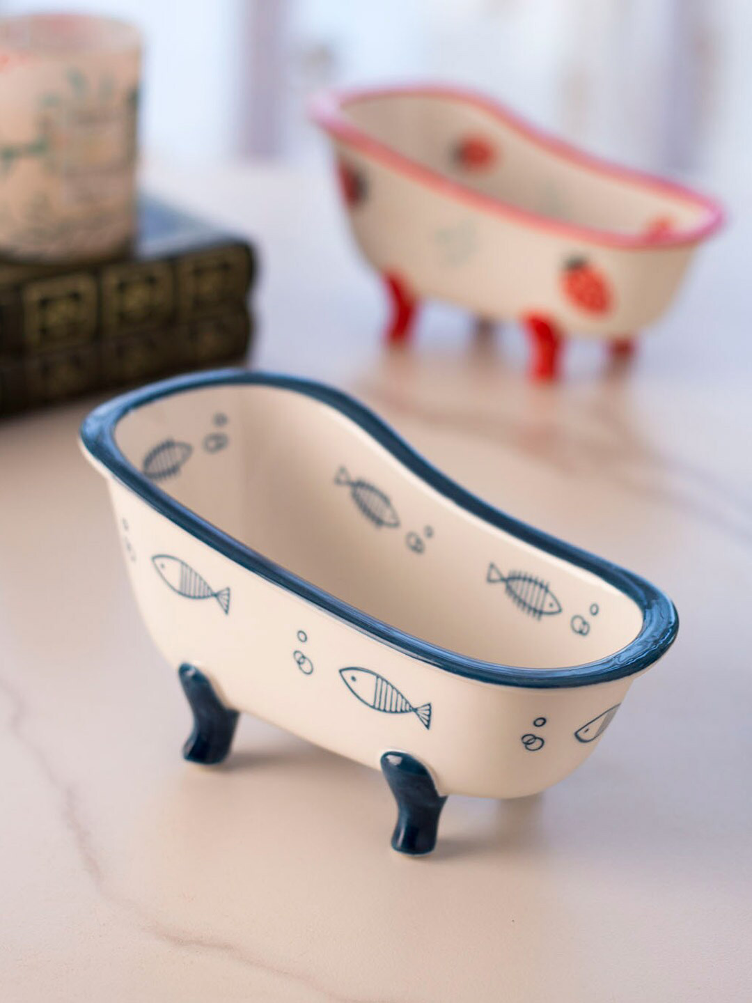 

THEDECORKART White & Blue Ceramic Aquatic Tub Snack Bowl