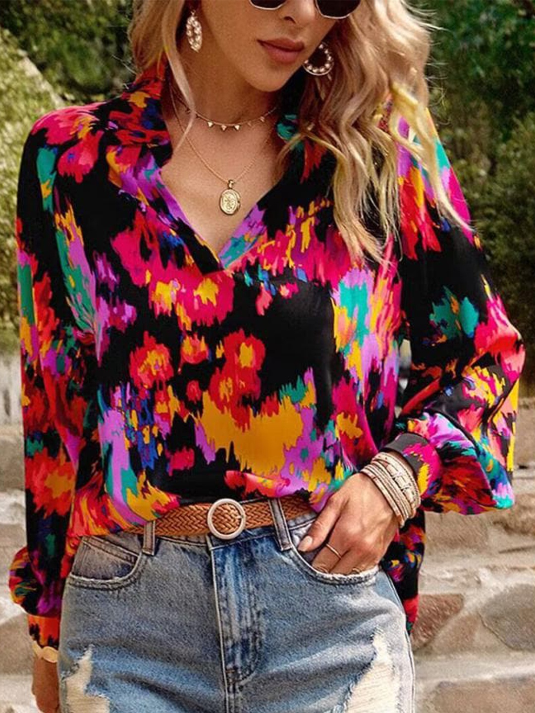 

BoStreet Black Abstract Printed Puff Sleeves Shirts Style Top