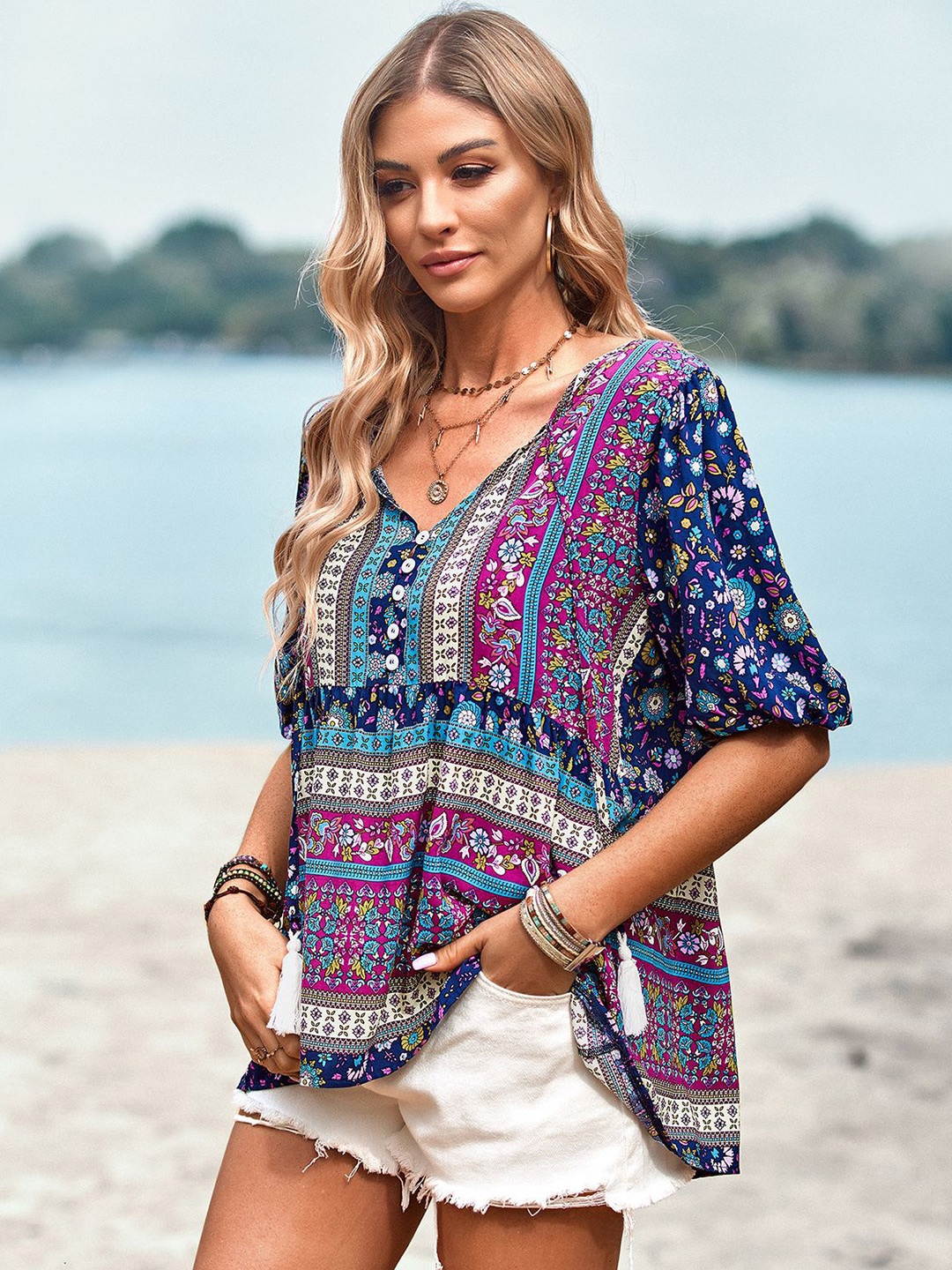 

BoStreet Navy Blue & Purple Floral Printed Puff Sleeve Bohemian Top