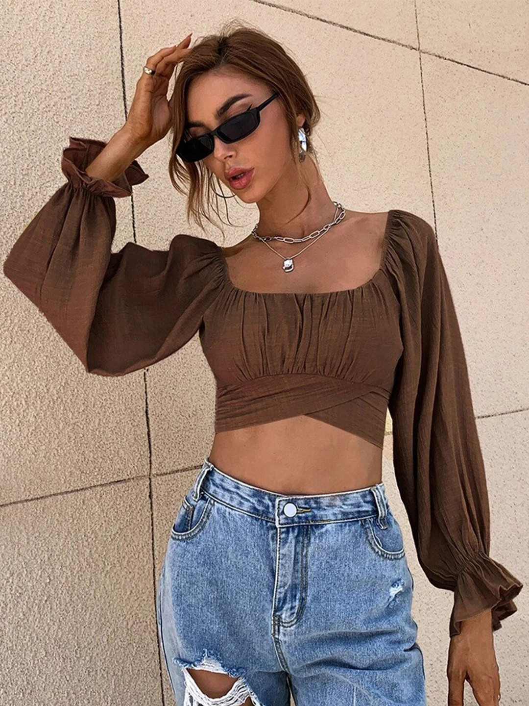 

StyleCast Brown Puff Sleeves Pure Cotton Tie-Up Crop Top