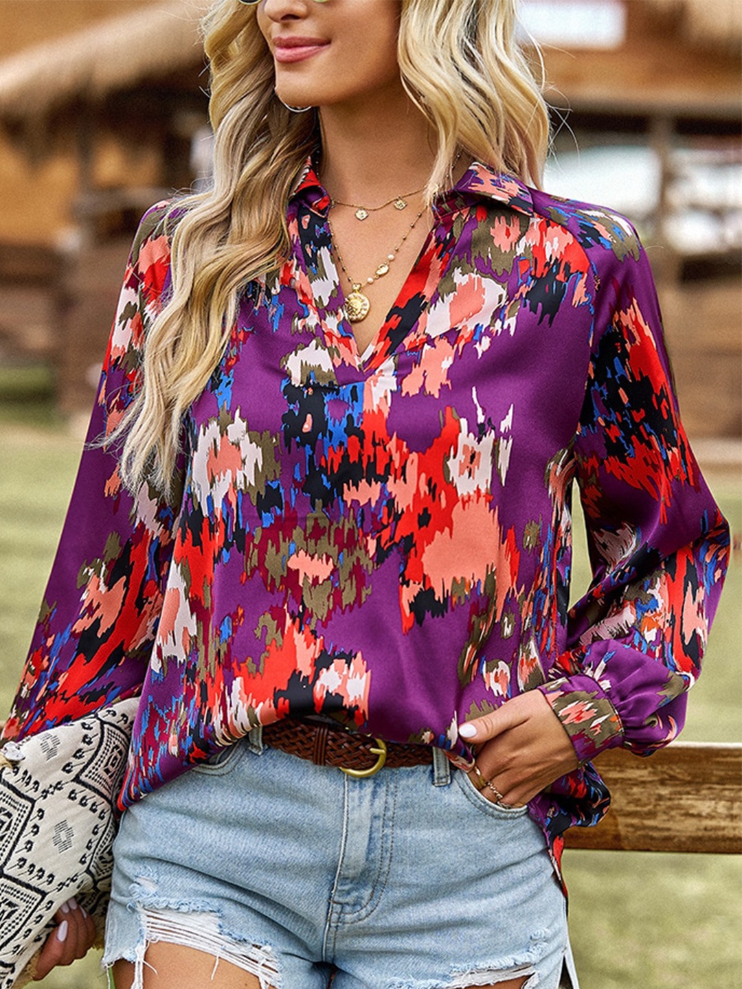 

BoStreet Purple Abstract Printed Puff Sleeves Shirts Style Top