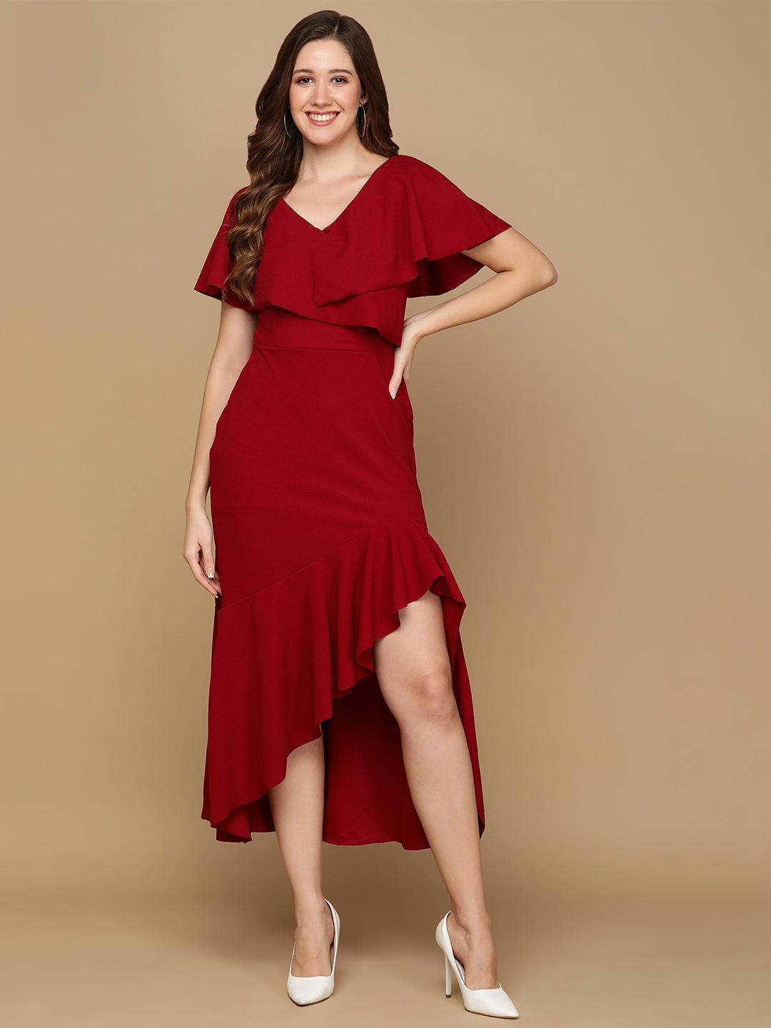 

DODO & MOA Maroon Flared Sleeve Midi Dress
