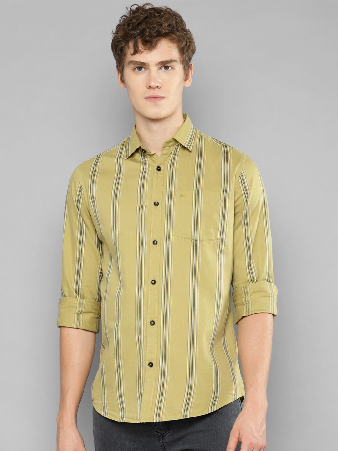 

Allen Cooper India Slim Vertical Striped Cotton Casual Shirt, Green