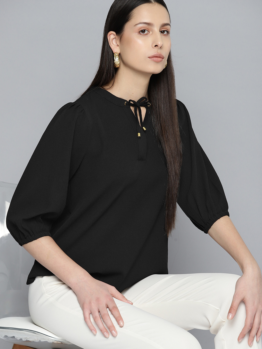 

Chemistry Tie-Up Neck Puff Sleeves Top, Black