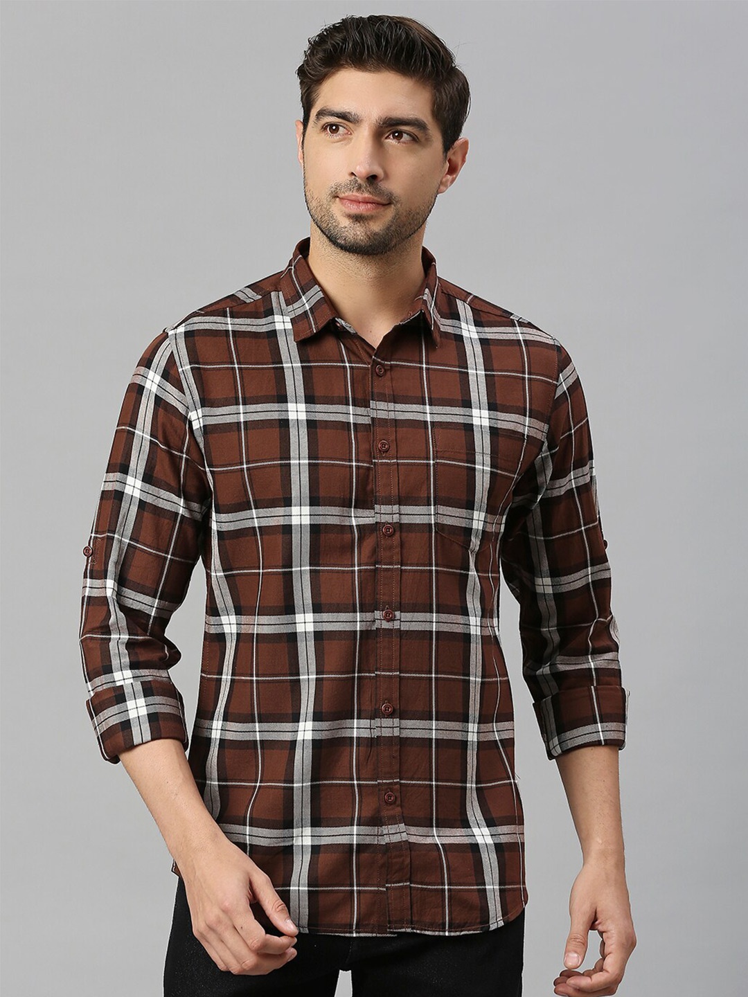 

HERE&NOW Brown Classic Slim Fit Tartan Checked Twill Weave Pure Cotton Shirt