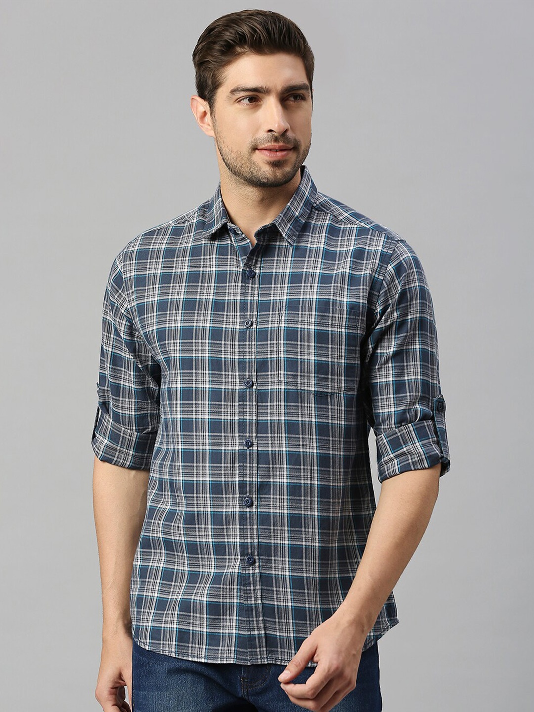 

HERE&NOW Blue & Grey Classic Slim Fit Tartan Checked Twill Weave Pure Cotton Casual Shirt, Navy blue