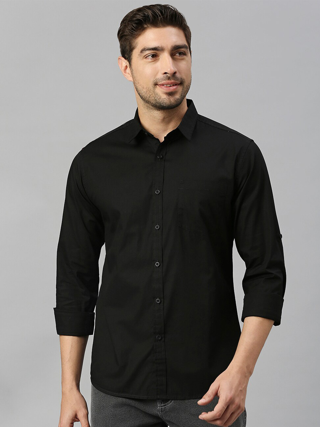 

HERE&NOW Black Classic Slim Fit Roll-Up Sleeves Pure Cotton Shirt