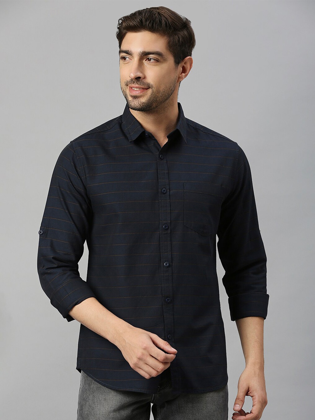 

HERE&NOW Black Classic Slim Fit Horizontal Striped Roll-Up Sleeves Pure Cotton Shirt
