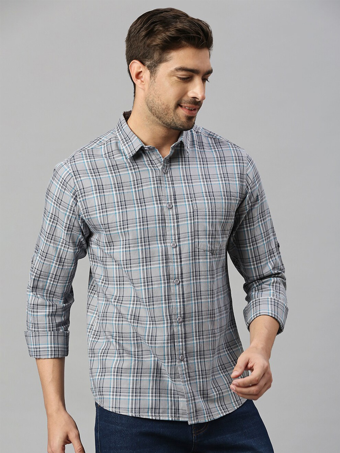 

HERE&NOW Black & Grey Classic Slim Fit Tartan Checked Twill Weave Pure Cotton Casual Shirt