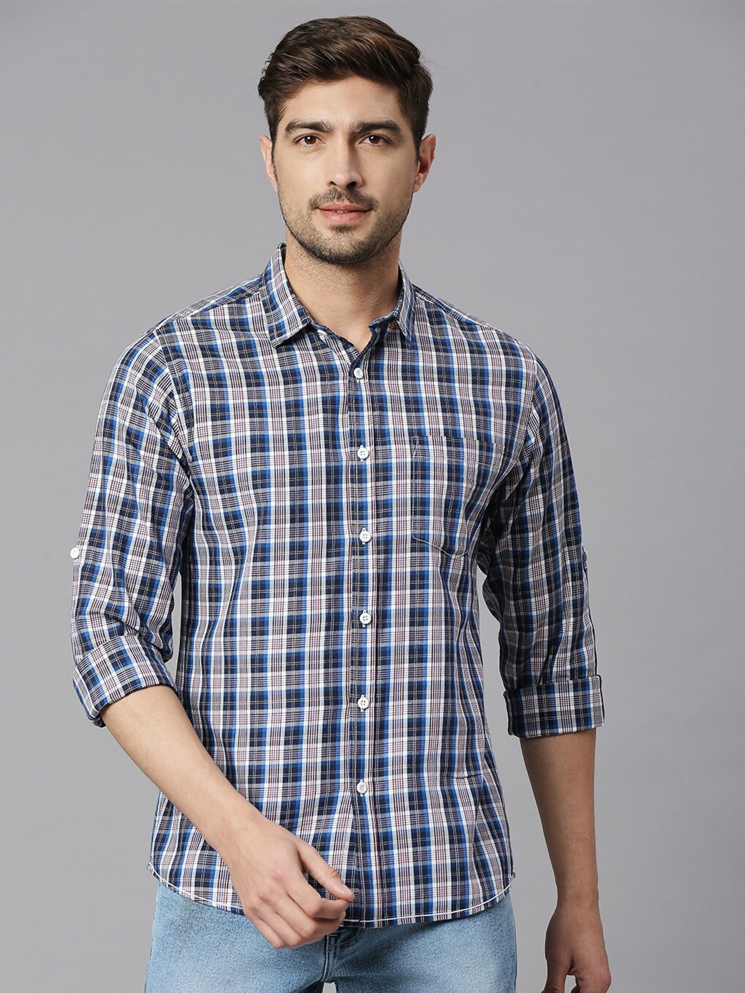 

HERE&NOW Blue & Grey Classic Slim Fit Tartan Checked Twill Weave Pure Cotton Casual Shirt