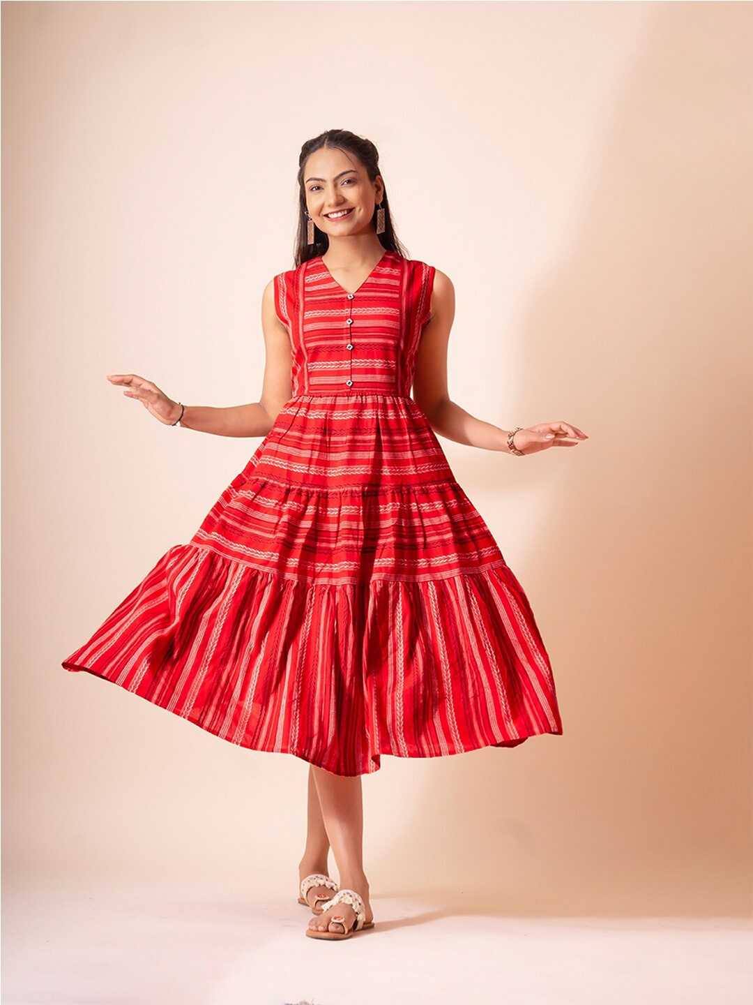 

NAYRA Geometric Printed Cotton A-Line Midi Dress, Red