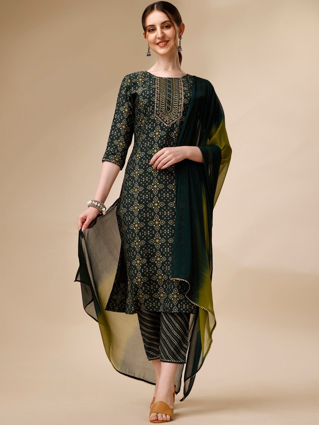 

Berrylicious Bandhani Printed Thread Work Chanderi Cotton Kurta With Trousers & Dupatta, Green