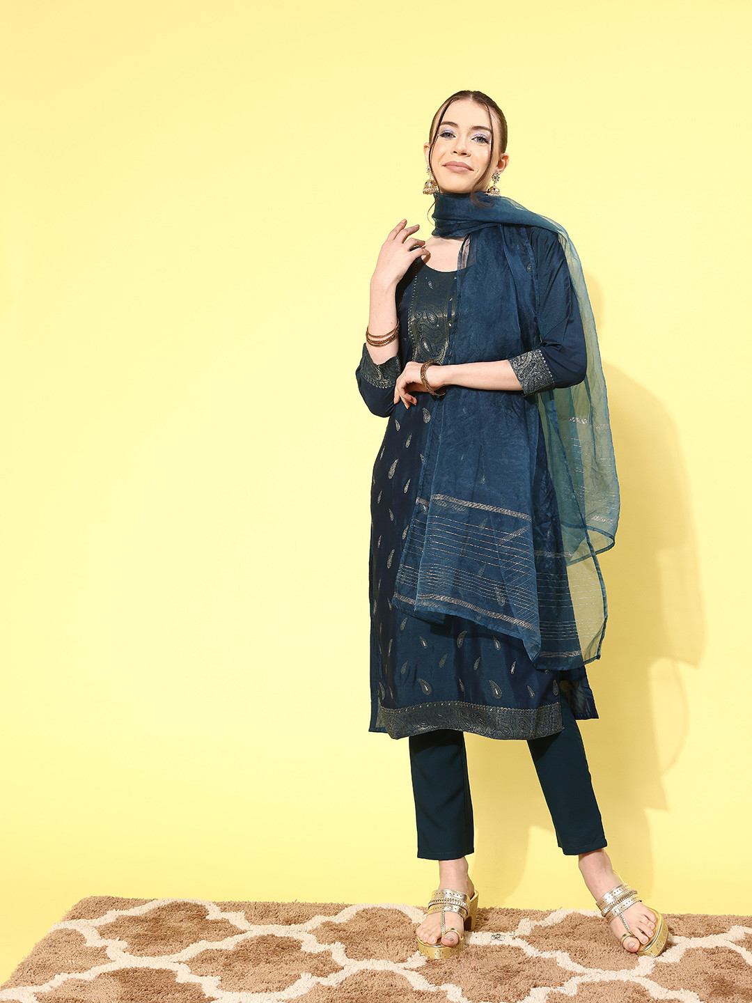 

Sangria Women Ethnic Motifs Printed Jacquard Kurta With Trousers & Dupatta, Blue