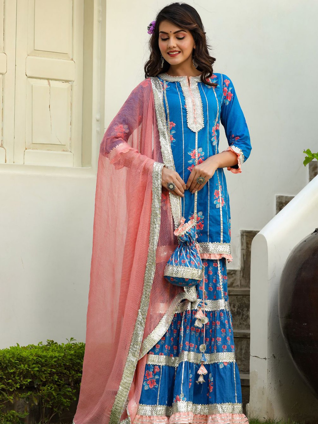 

Zolo Label Floral Printed Pure Cotton Kurti with Sharara & With Dupatta, Blue