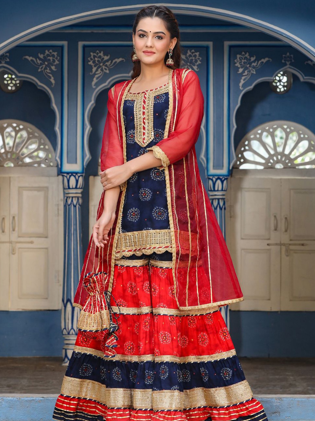 

Zolo Label Bandhani Printed Thread Work Kurti with Sharara with Jacket, Blue