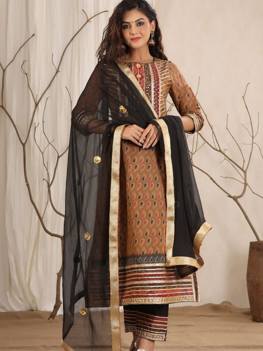 

Zolo Label Paisley Printed Sequinned Pure Cotton Kurta with Trousers & With Dupatta, Brown