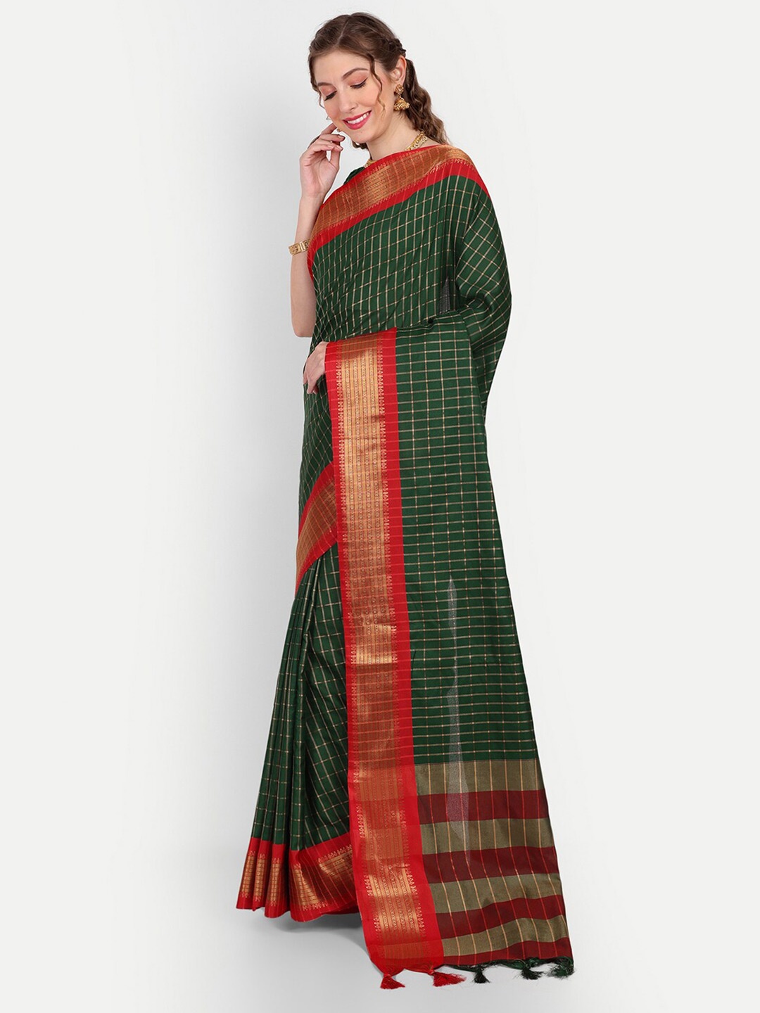 

Paramparik Textile Checked Zari Pure Silk Paithani Saree, Green