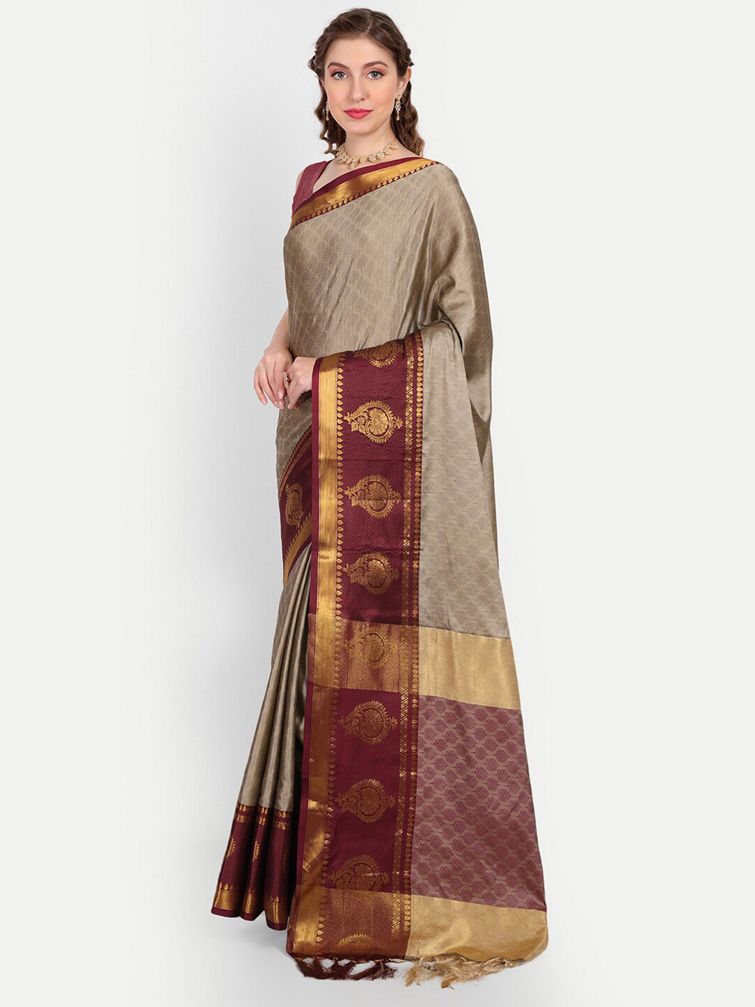

Paramparik Textile Ethnic Motif Zari Silk Cotton Kanjeevaram Saree, Beige