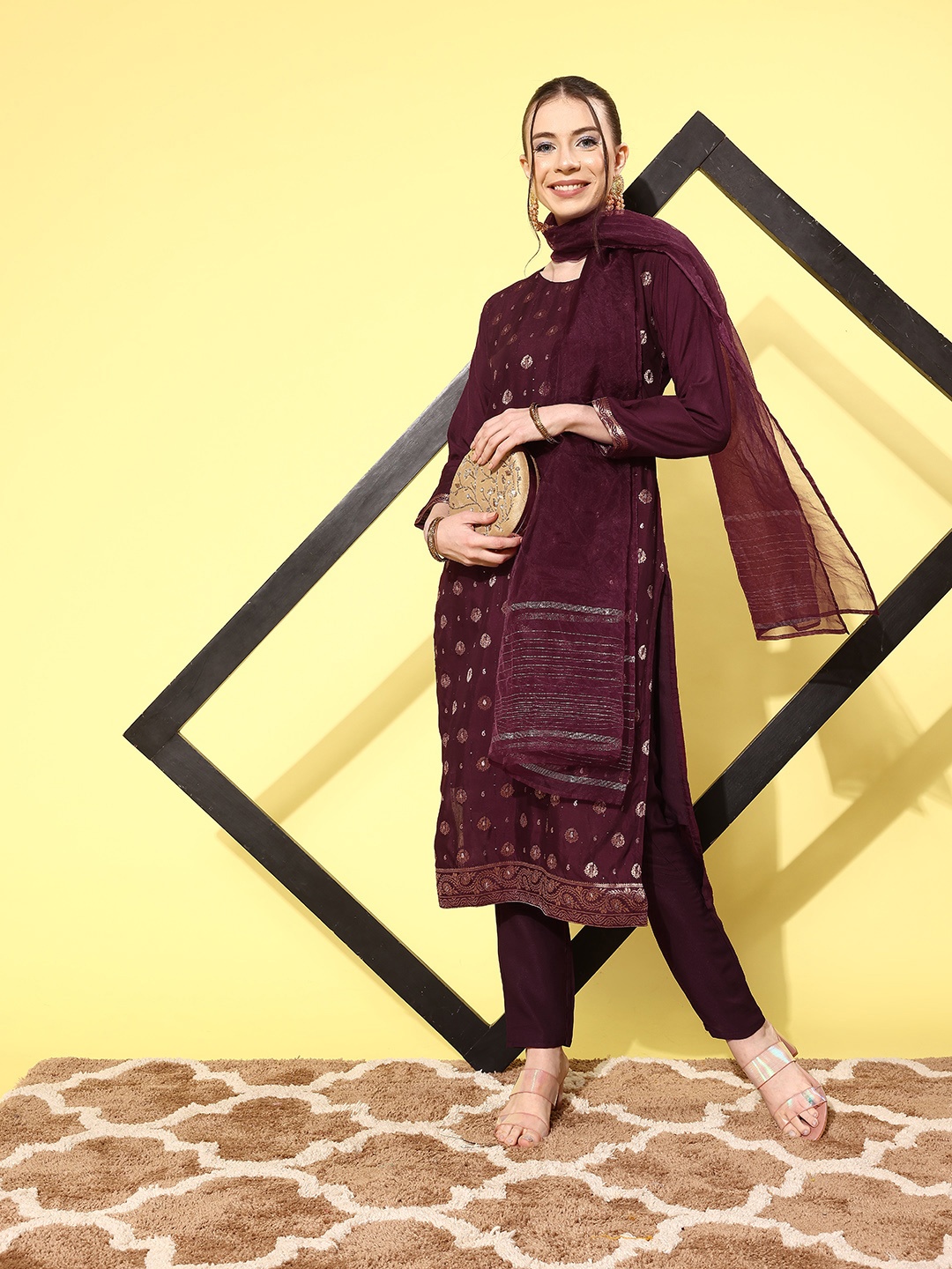 

Sangria Women Ethnic Motifs Regular Kurta with Trousers & With Dupatta, Purple