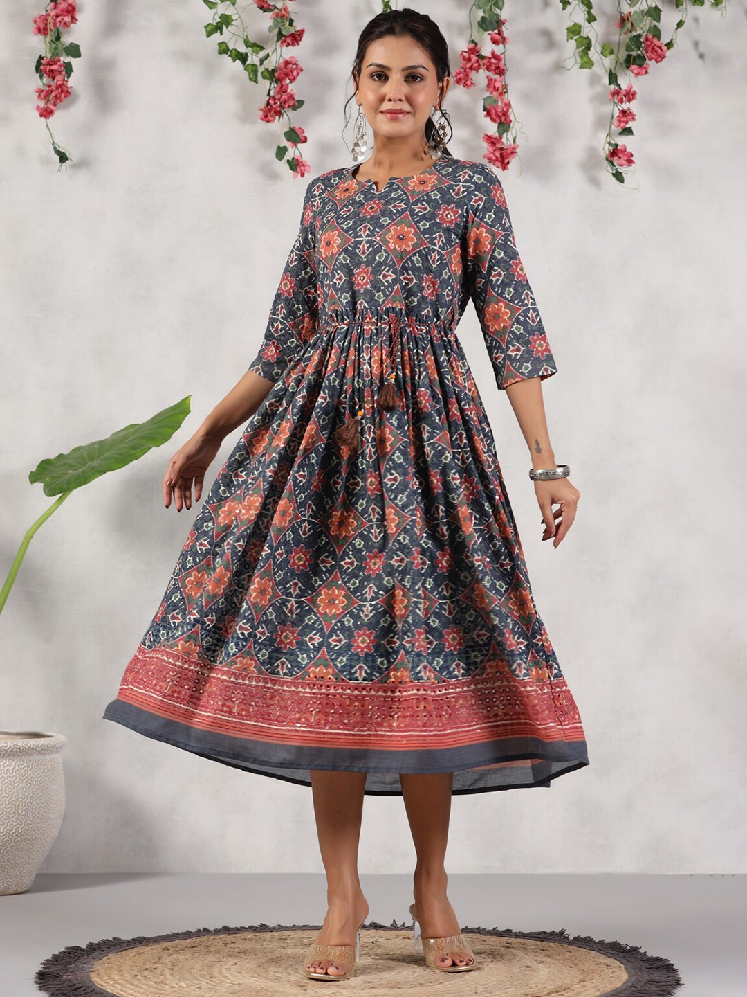 

PIROH Blue Floral Print A-Line Dress